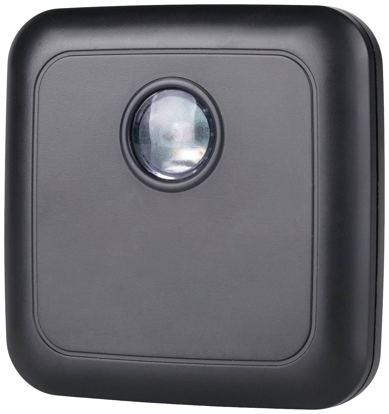Ein schwarzes, quadratisches Sicherheitsgerät mit abgerundeten Ecken und einer zentralen Linse, möglicherweise eine Kamera.