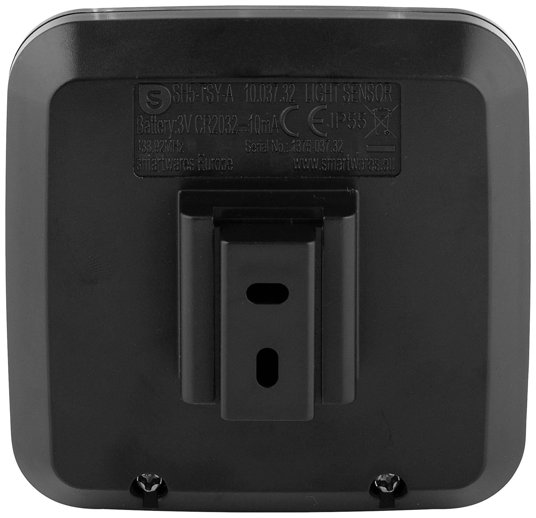 Rückseite eines schwarzen Geräts mit Batteriefach und Aufhängung. Text: SH5-RS-A, Batterietyp 3V CR2032, Lichtsensor.
