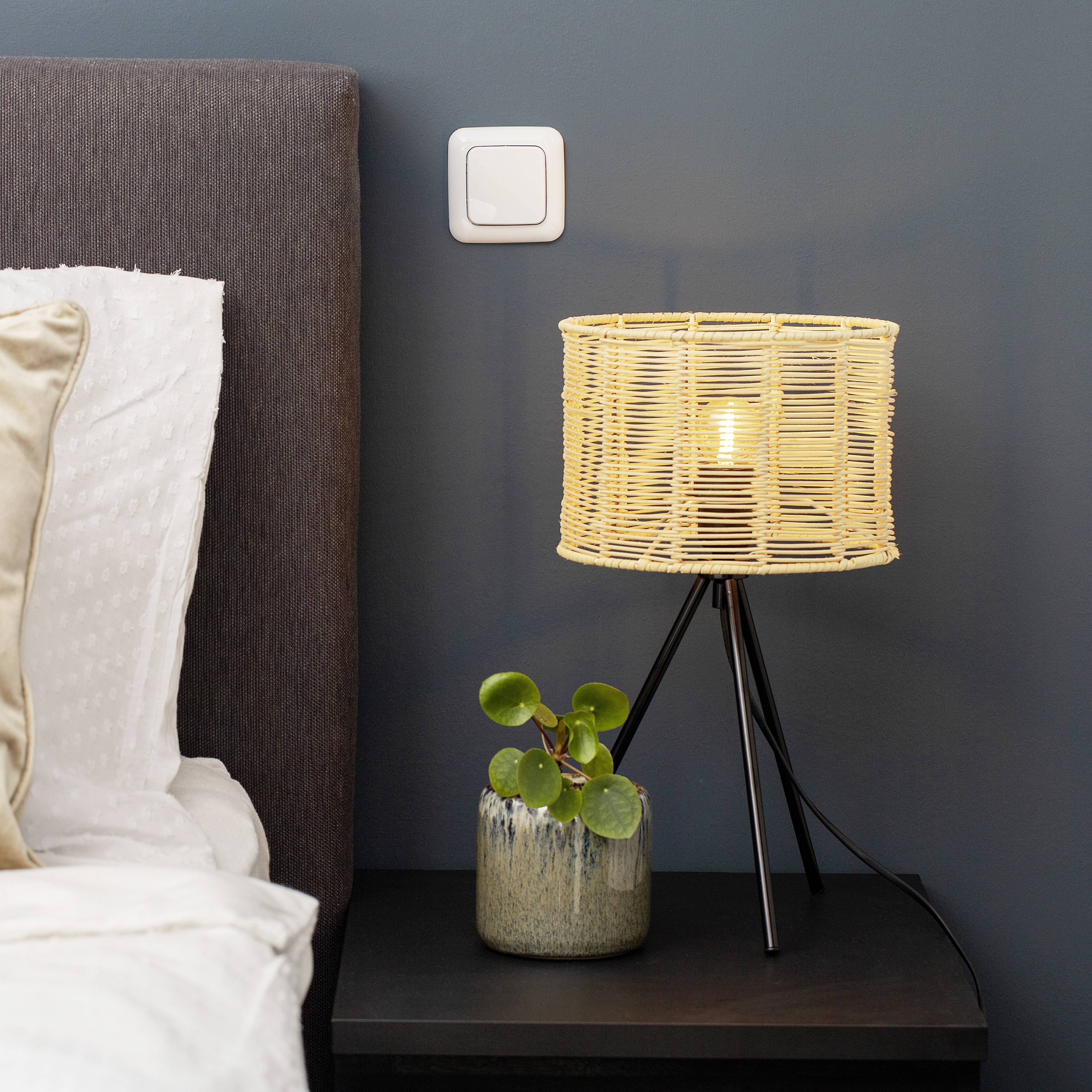 Bett mit weißer Bettwäsche links, Nachttisch mit kleiner Pflanze in Keramiktopf und geflochtener Lampe rechts auf dunkler Wand.