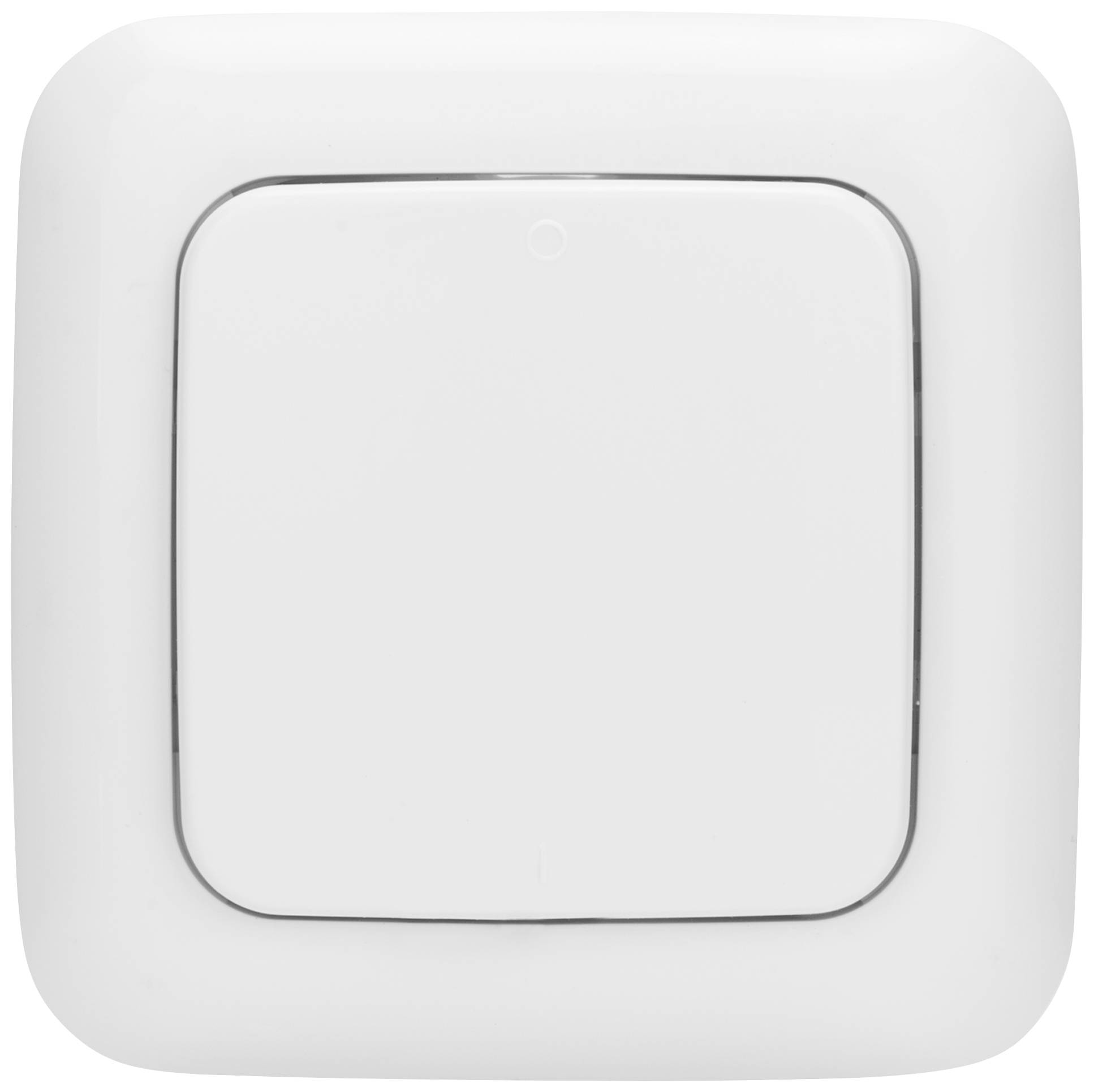 Ein weißer Lichtschalter an einer Wand, in der Mitte leicht eingedrückt.