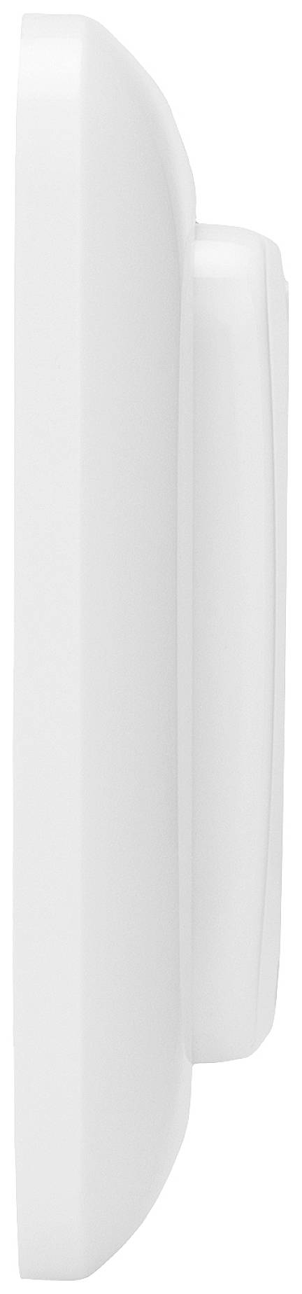 Seitenansicht eines weißen, rechteckigen Geräts mit abgerundeten Kanten. Möglicherweise ein elektronisches Gerät wie ein Rauchmelder.