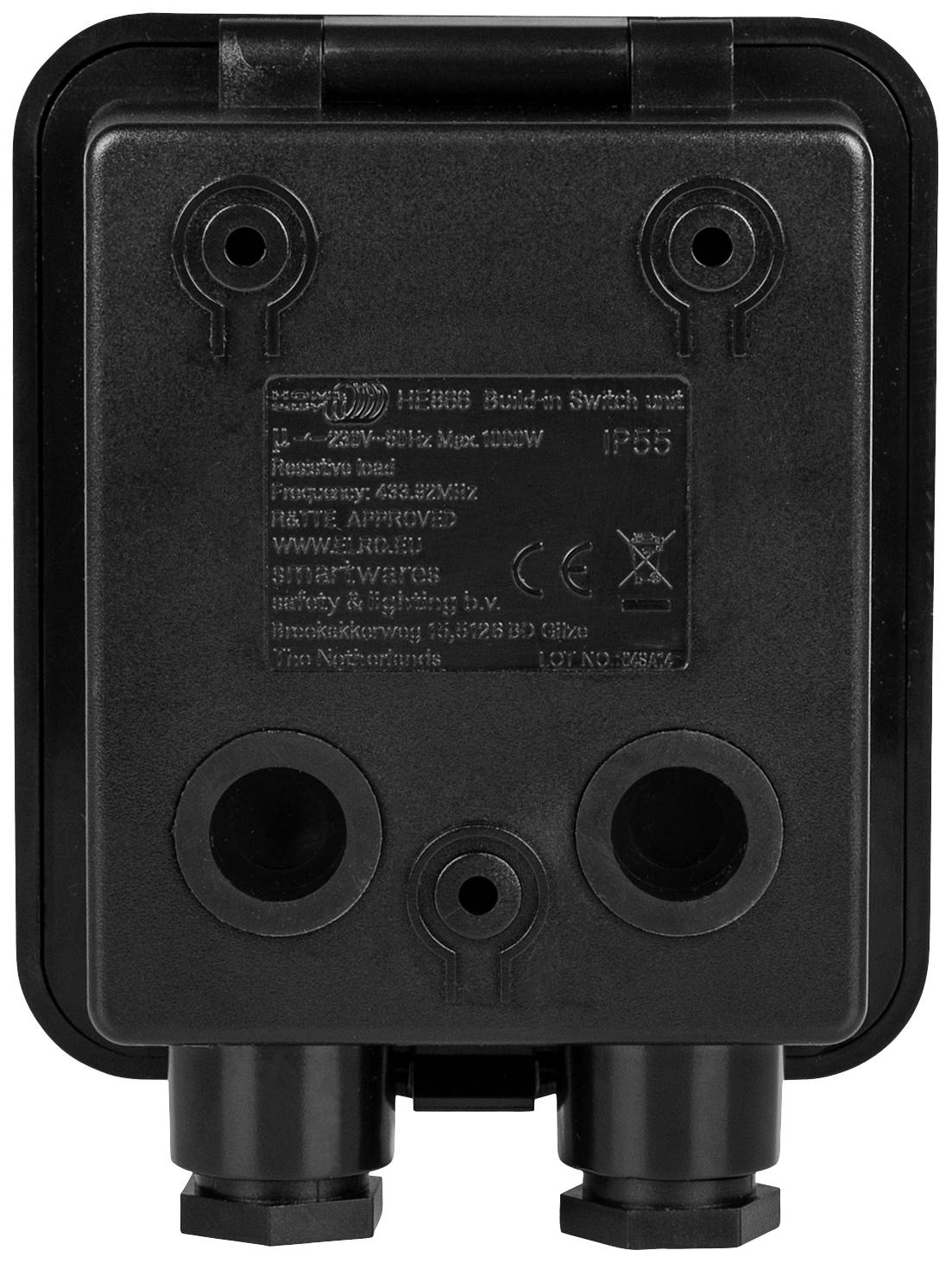 Schwarze elektrische Box mit IP55-Schutz, zwei Gewindeöffnungen unten, geeignet für Außeninstallationen, beschriftet mit technischen Spezifikationen.