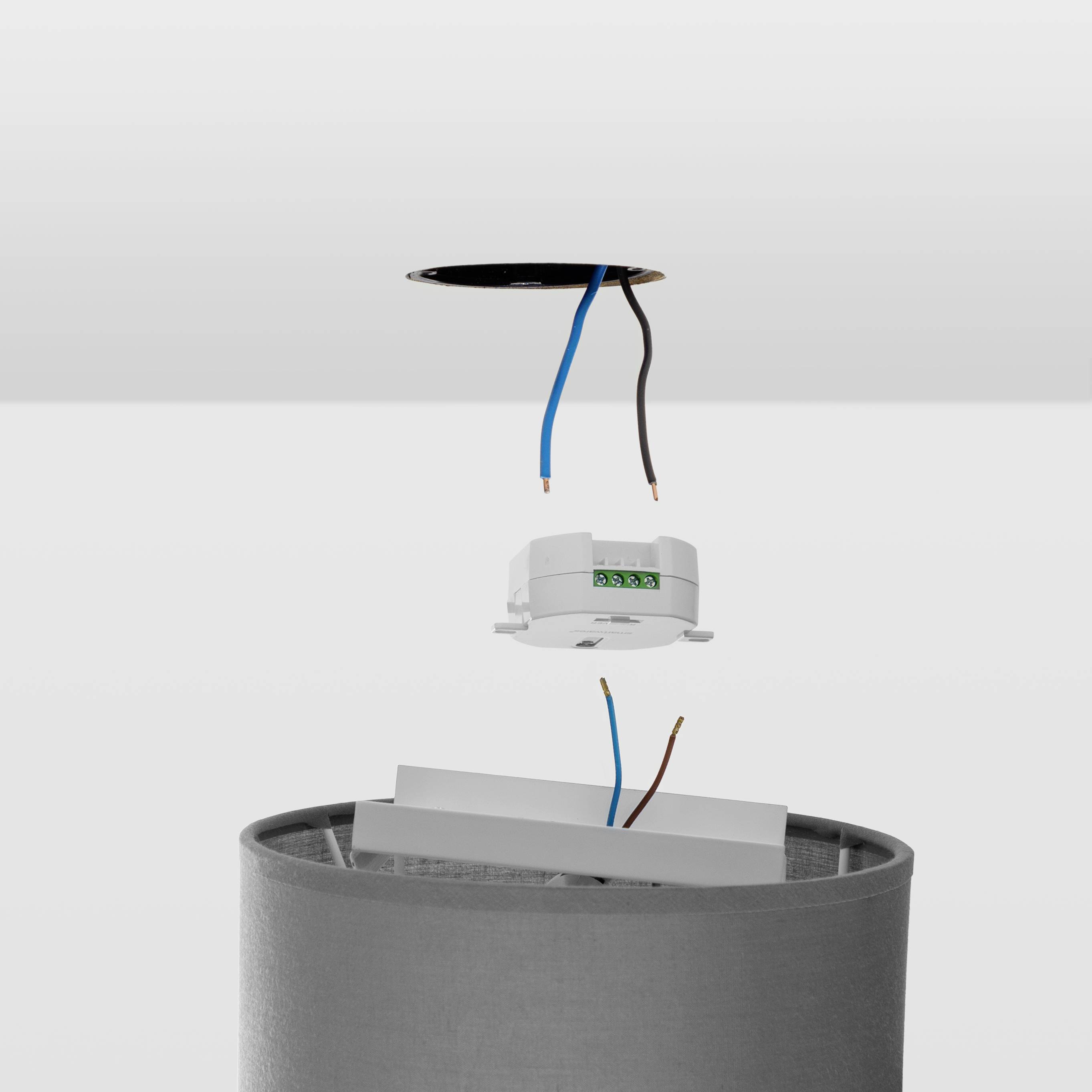 Ein runder Lichtschalter mit freigelegten, farbcodierten Kabeln: blau, braun und gelb-grün. Oberer Anschluss zeigt Verdrahtungsdetails.