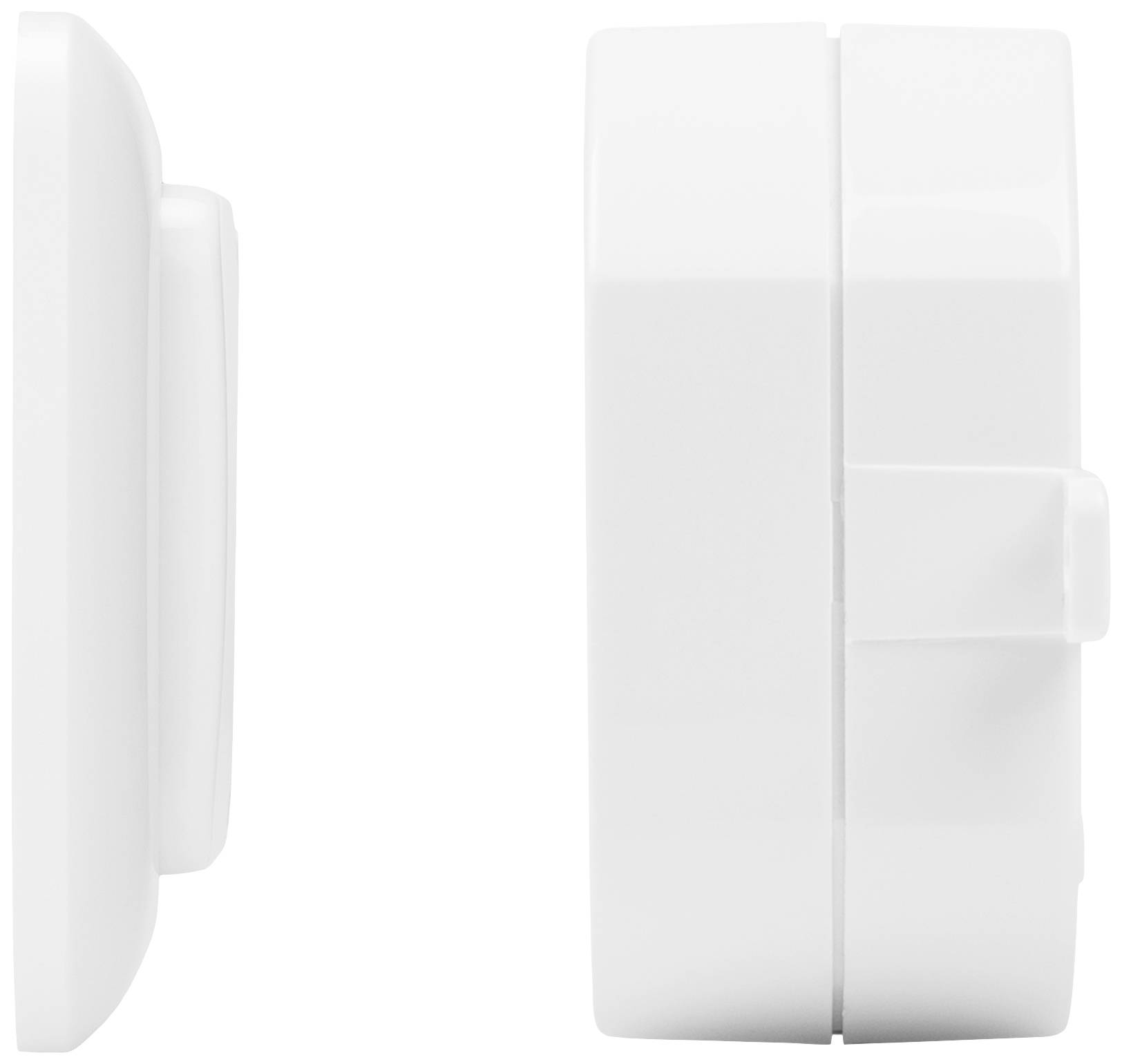 Zwei weiße, quadratische Kunststoffboxen mit abgerundeten Kanten, seitlich nebeneinander dargestellt, auf einem weißen Hintergrund.