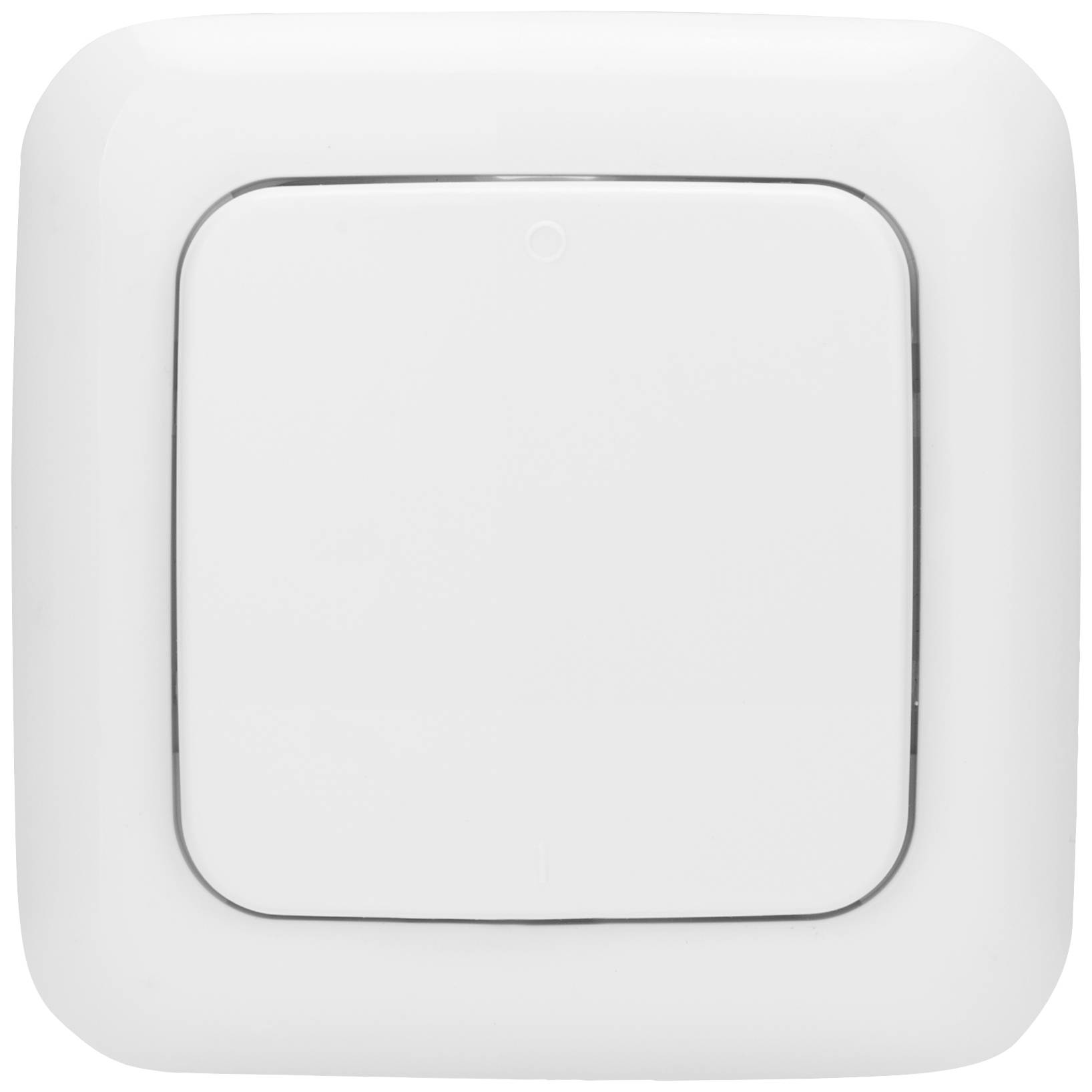 Lichtschalter mit rechteckigem Rahmen und abgerundeten Ecken in der Mitte einer weißen Wand.