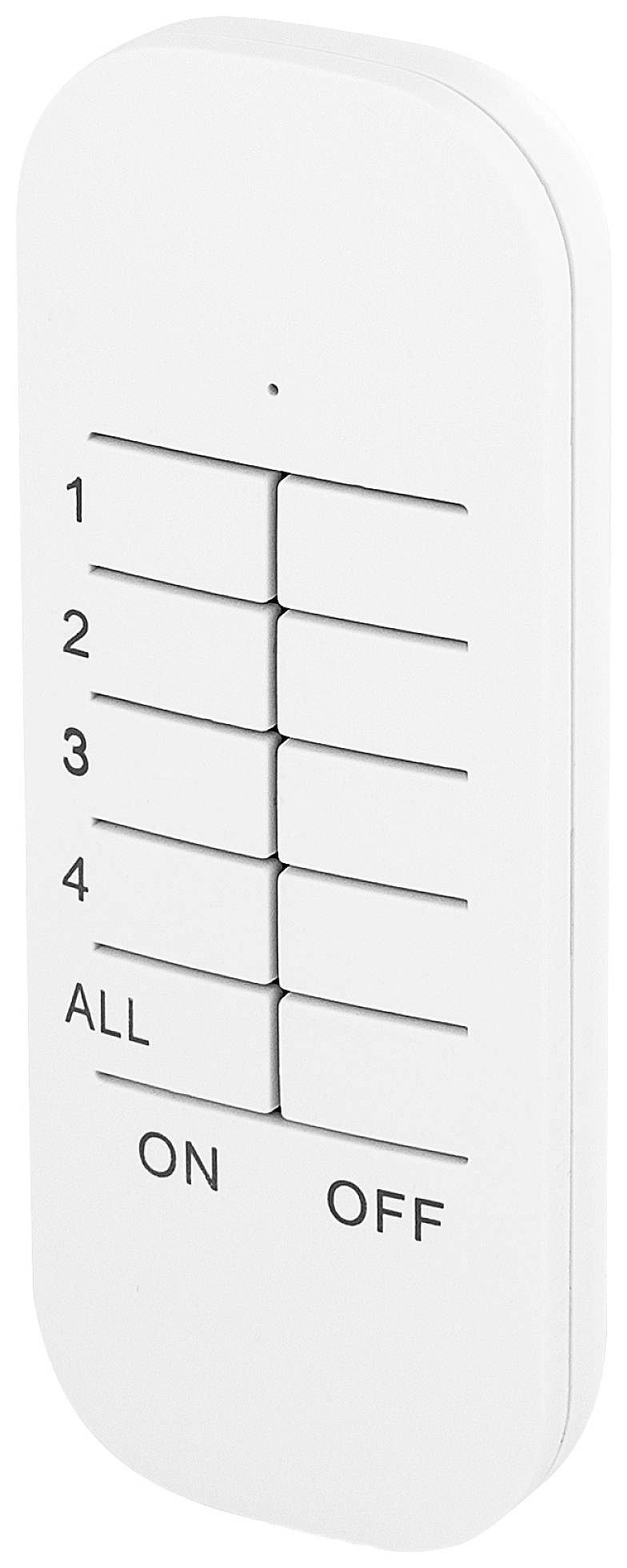 Ein weißer Fernbedienungsschalter mit sieben Tasten, nummeriert von 1 bis 4, mit 'ALL', 'ON' und 'OFF' unten.