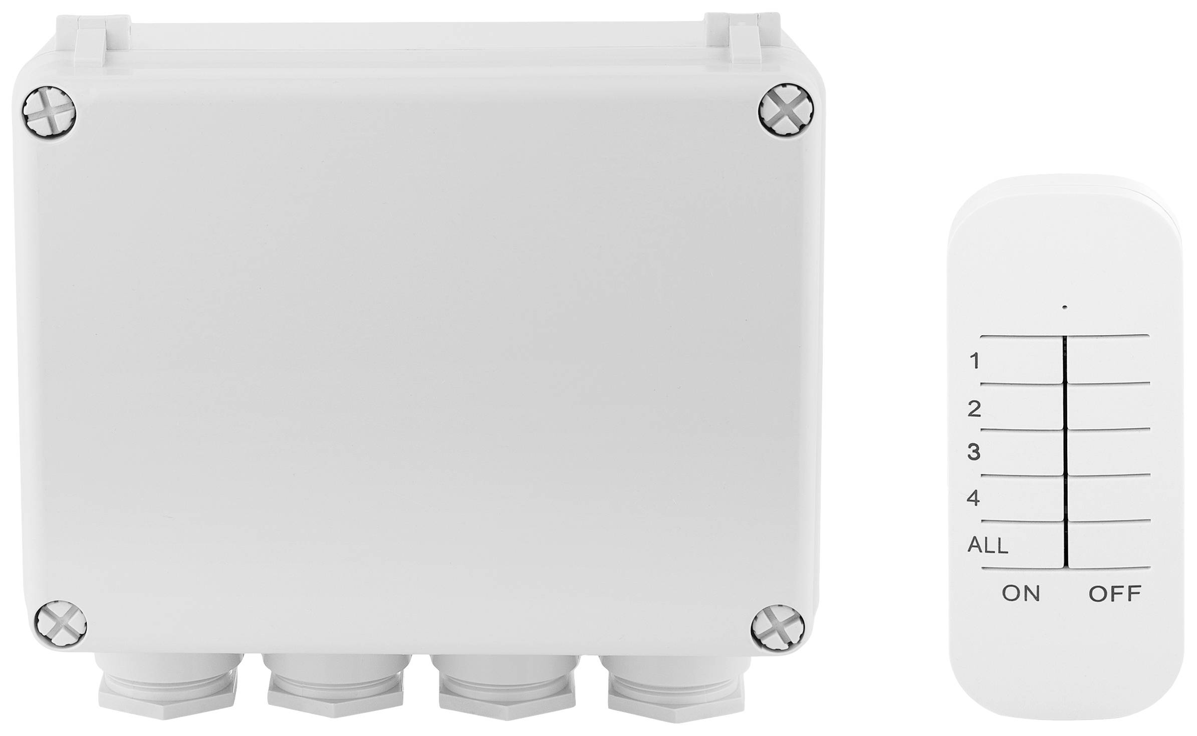 Weiße Steuerbox mit Schrauben an den Ecken, daneben eine Fernbedienung mit Tasten von 1 bis 4, 'ALL', 'ON' und 'OFF'.