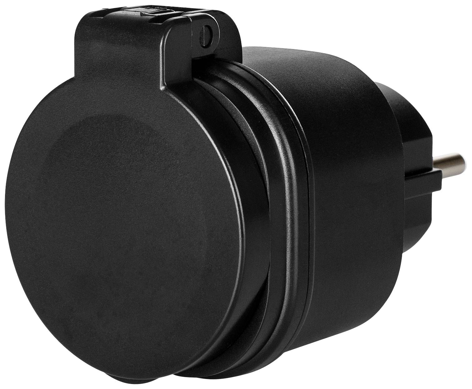 Schwarzer, runder Steckdosenadapter mit Schutzkontaktstecker, geeignet für EU-Steckdosen.