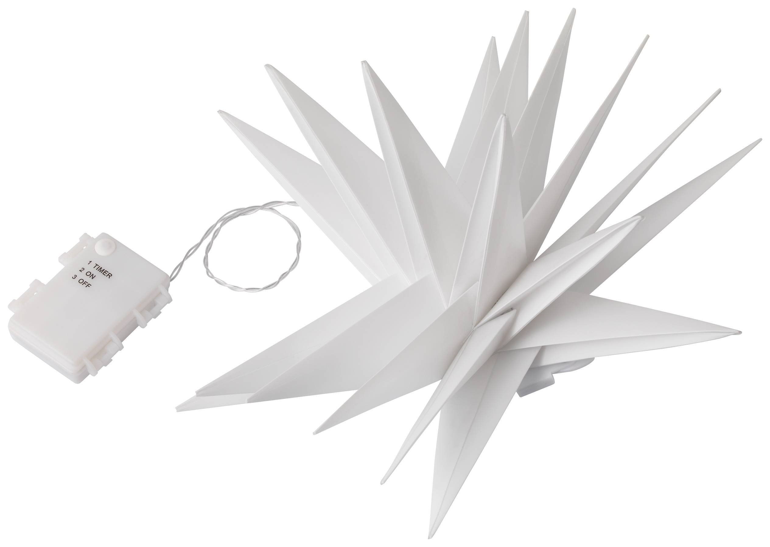 Ein weißer Papierstern mit spitzen Zacken liegt neben einer kleinen Batteriebox. Der Stern ist bereit zur Beleuchtung.