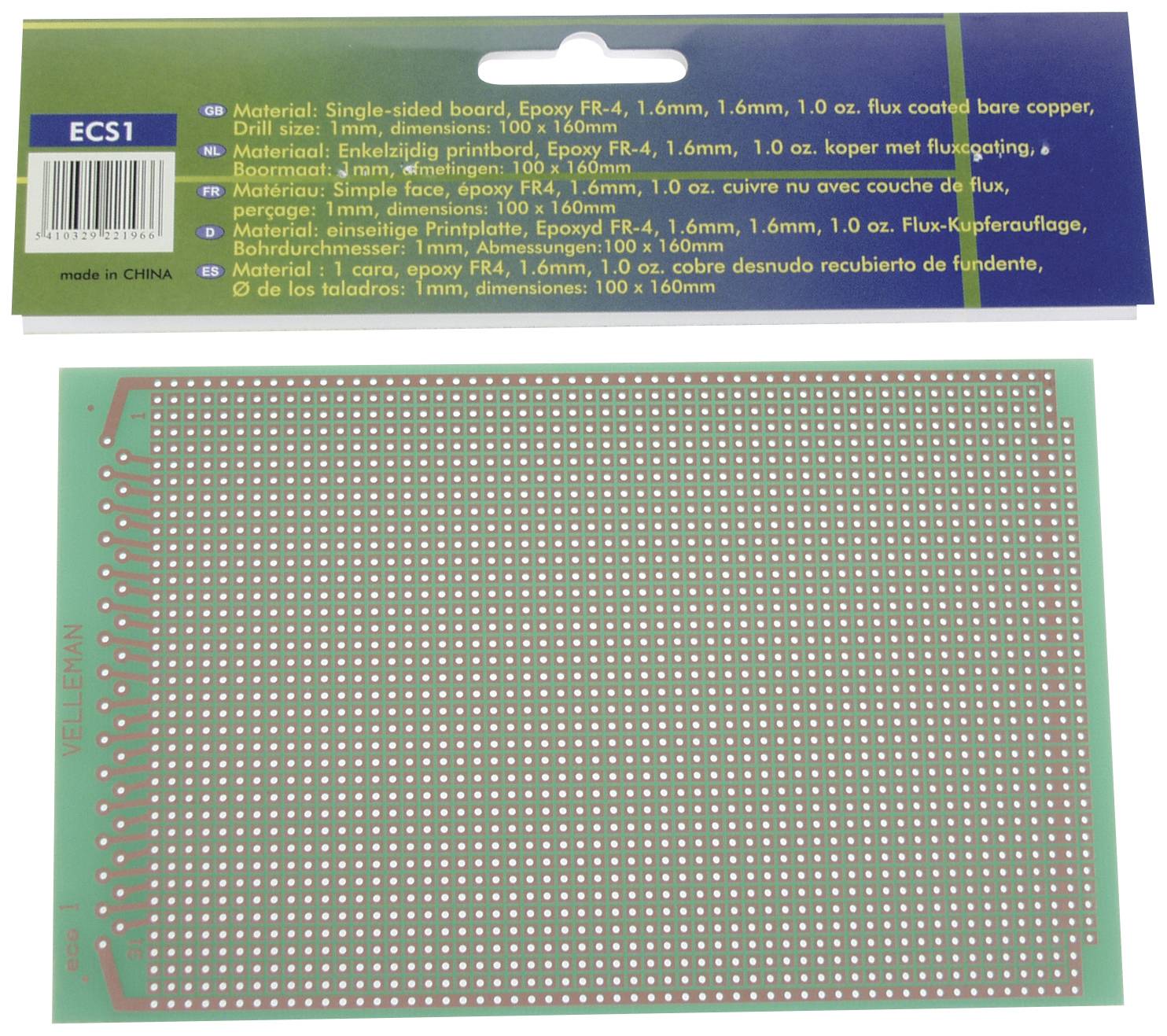 Lochrasterplatine, einseitig, Epoxy FR-4, 1,6mm dick, Kupferschicht 1 Unze, Größe: 100x160mm. Verpackung zeigt Materialdetails.