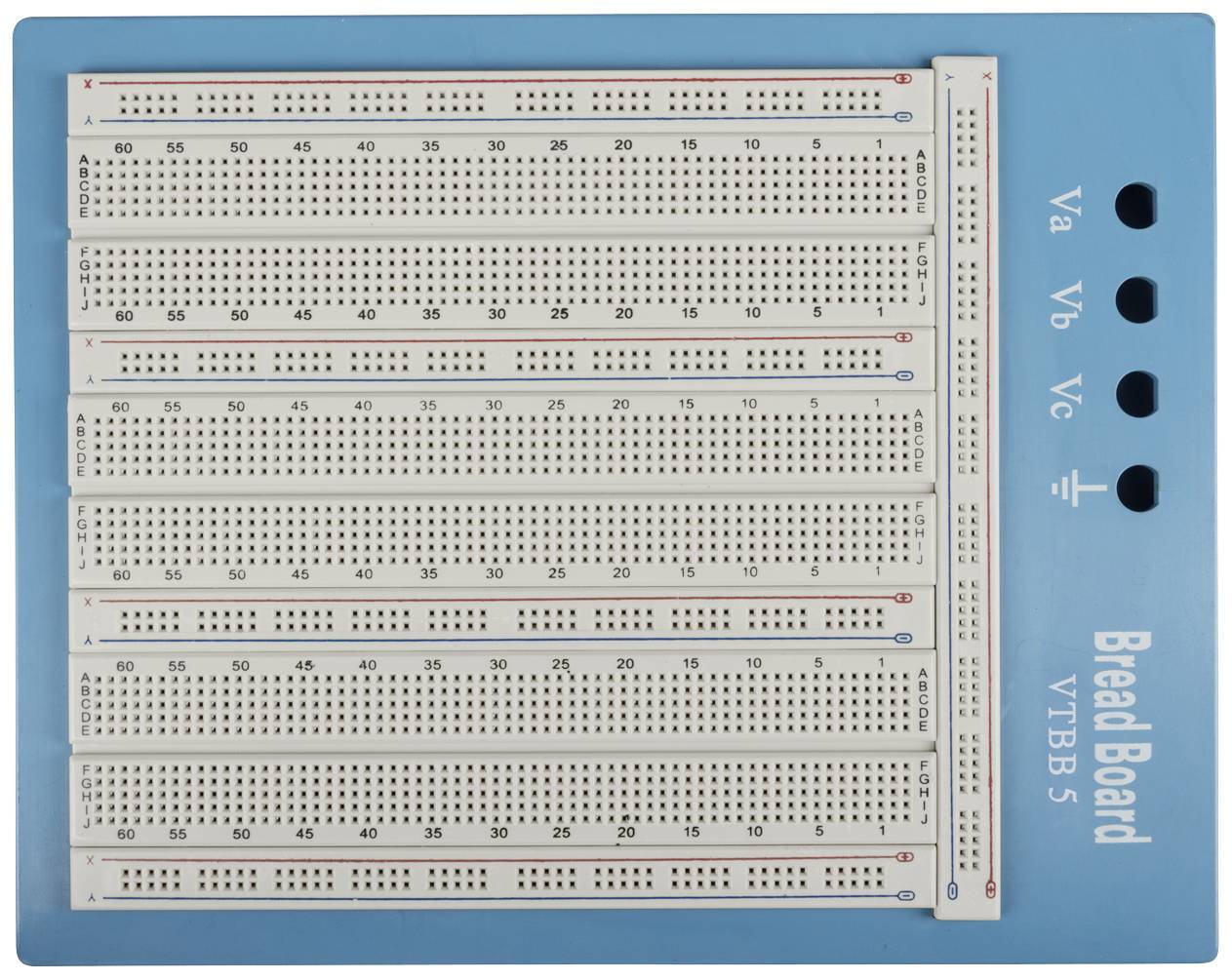 Eine blaue Steckplatine mit nummerierten Reihen und Spalten für elektronische Schaltungen. Links sind Spannungspunkte Va, Vb, Vc markiert.