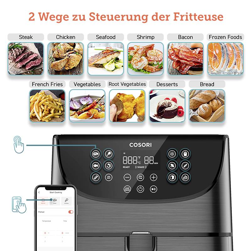 Einfache Steuerung der Fritteuse über Touchscreen und App; zehn Einstellungen für verschiedene Speisen wie Fleisch, Gemüse und Gebäck.