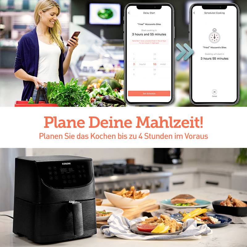 Nutzerin plant Mahlzeit mit Smartphone-App neben Airfryer. Text: Plane Deine Mahlzeit! Planen Sie das Kochen bis zu 4 Stunden im Voraus.