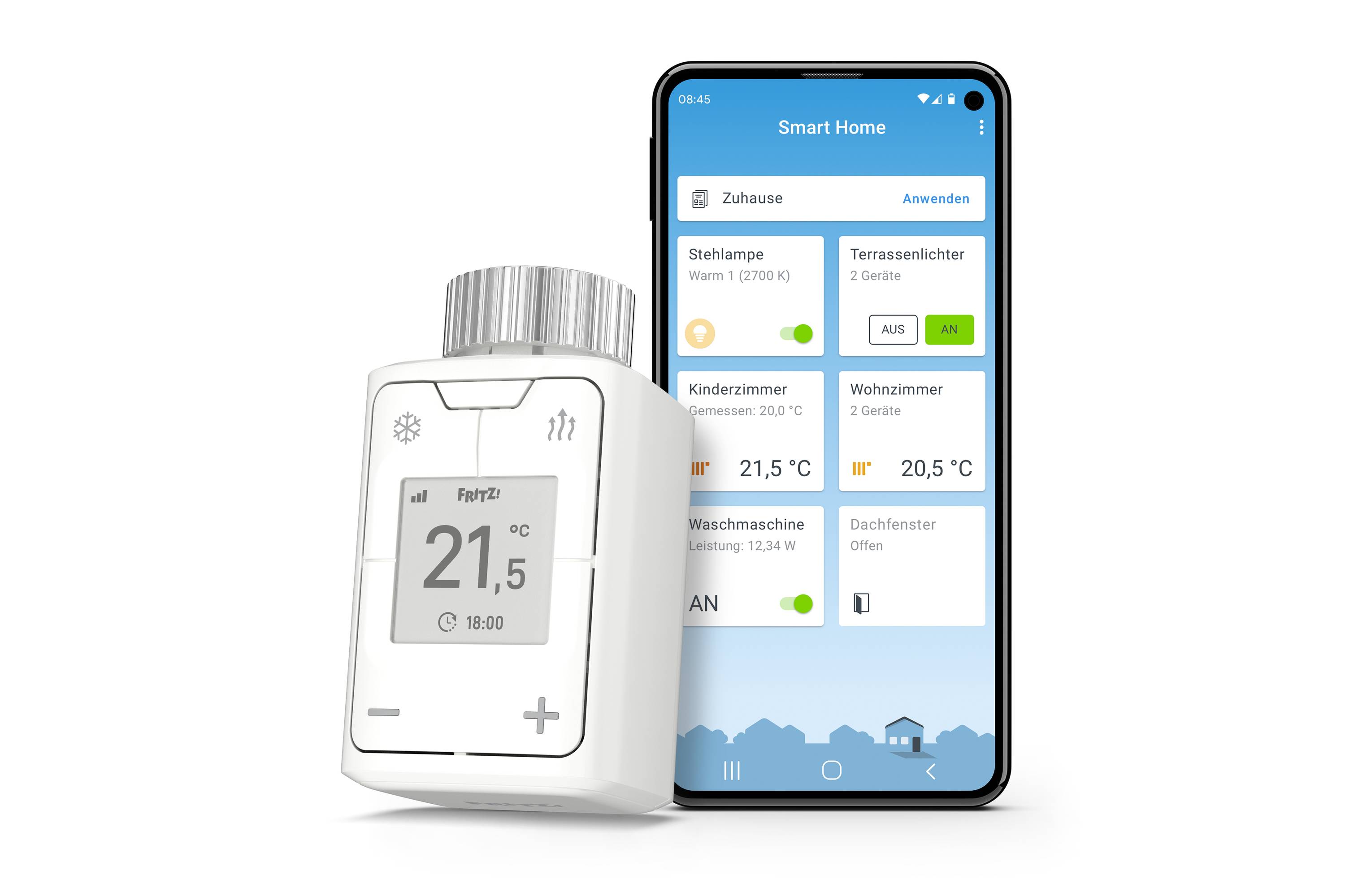 Ein Smartphone zeigt eine Smart-Home-App mit Raumtemperaturen und Steuerungsoptionen. Daneben ein digitales Thermostat mit Anzeige.