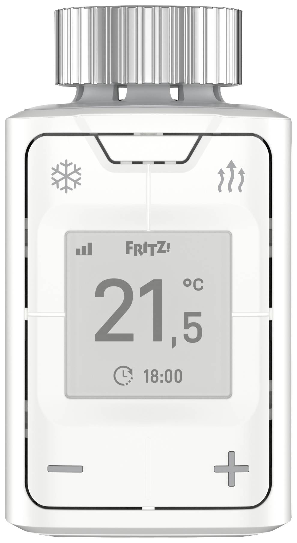 Ein weißes Thermostat mit digitaler Anzeige zeigt '21,5 °C' an. Symbole für Timer, Heizung und Frost sind oben sichtbar.