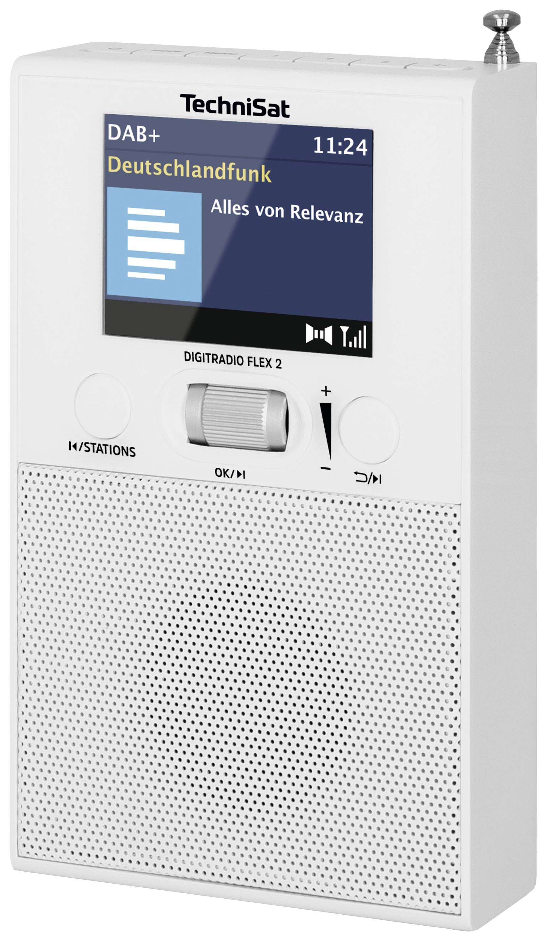 Weißes tragbares DAB+ Radio von TechniSat, zeigt 'Deutschlandfunk' im Display. Uhrzeit 11:24. Bedienelemente auf der Vorderseite.