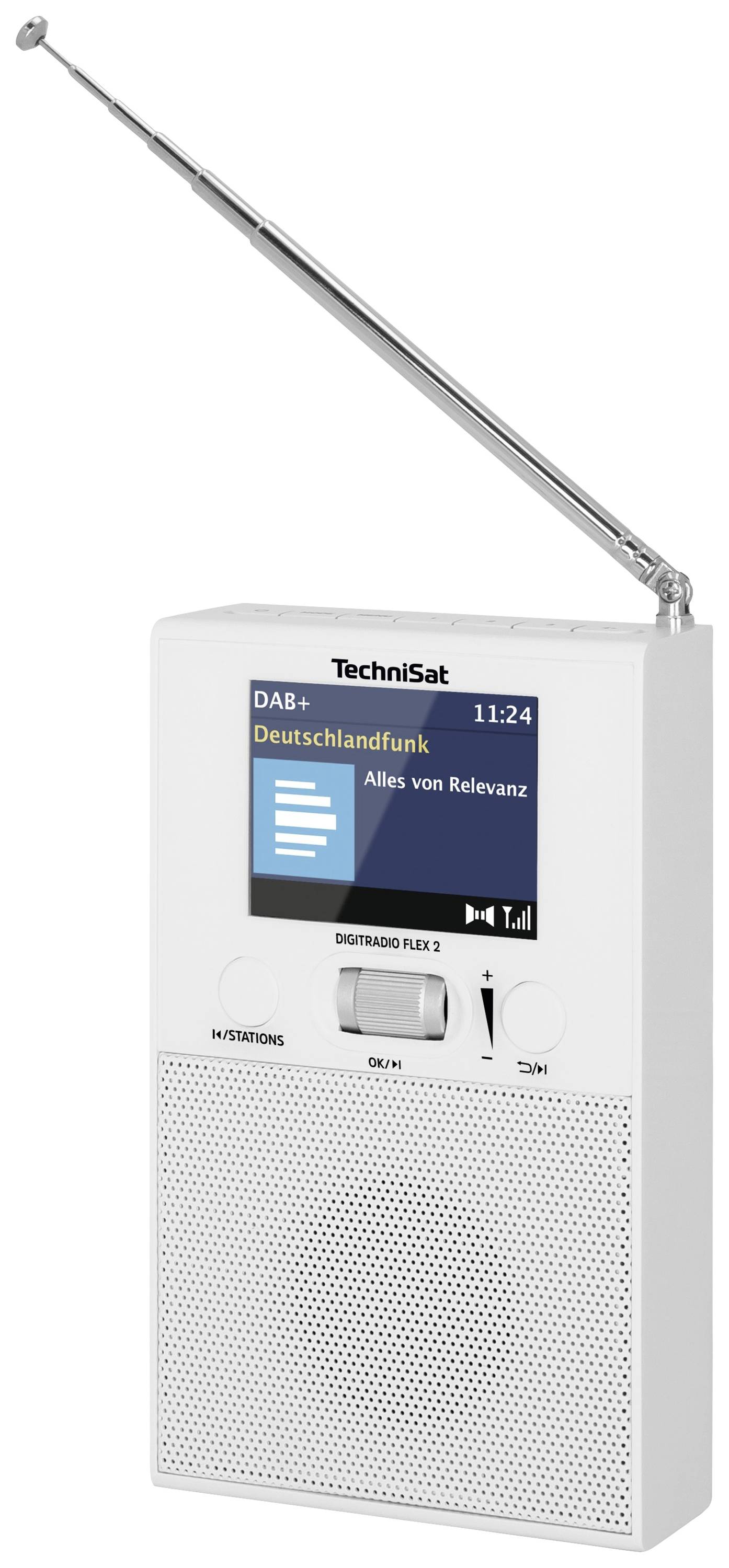 Ein tragbares DAB+ Radio der Marke TechniSat in Weiß. Auf dem Display wird 'Deutschlandfunk' angezeigt. Die Antenne ist ausgefahren.