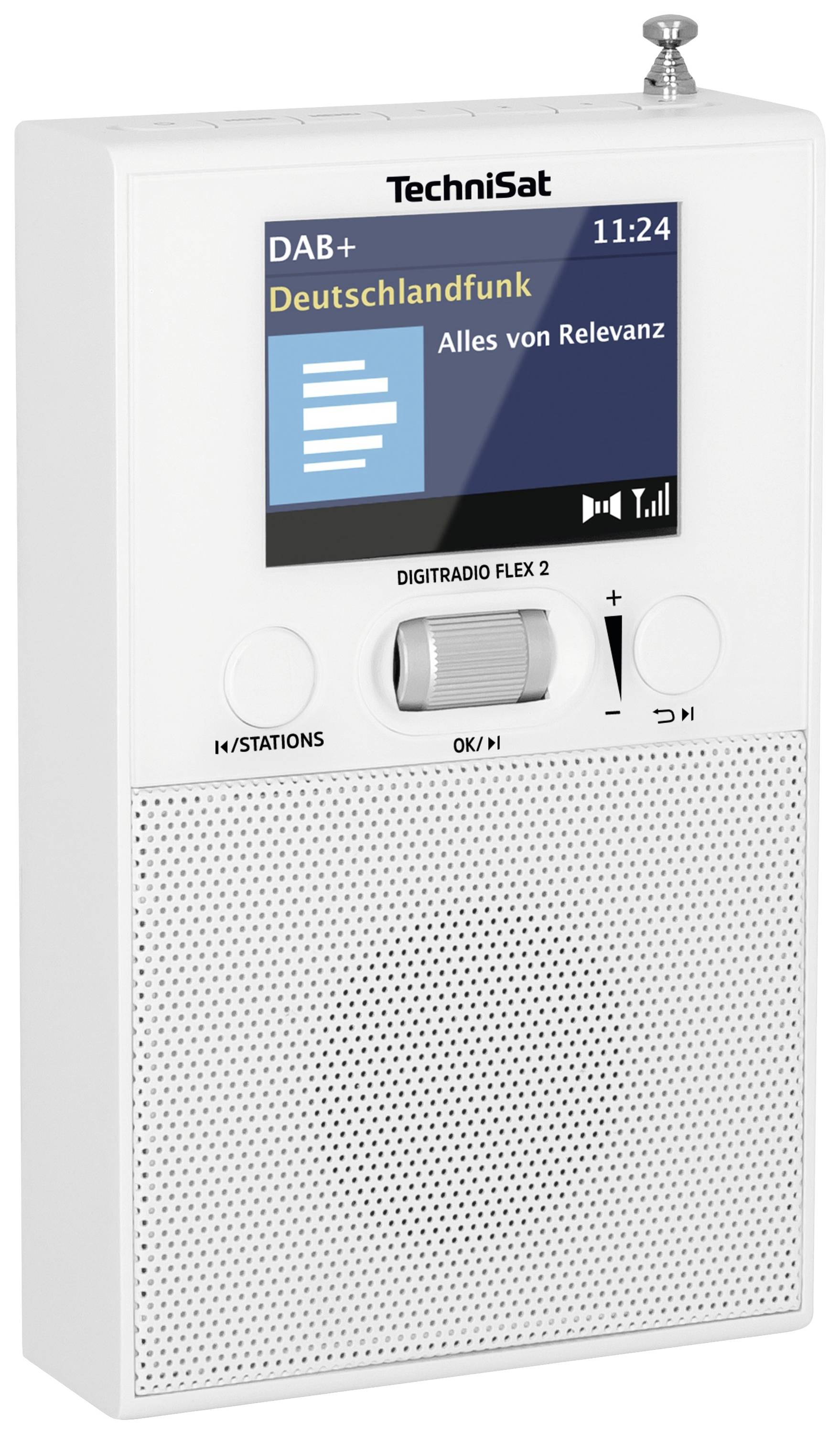 Tragbares digitales Radio mit Display, zeigt 'Deutschlandfunk', Uhrzeit 11:24, Lautstärkeregler und Antenne.