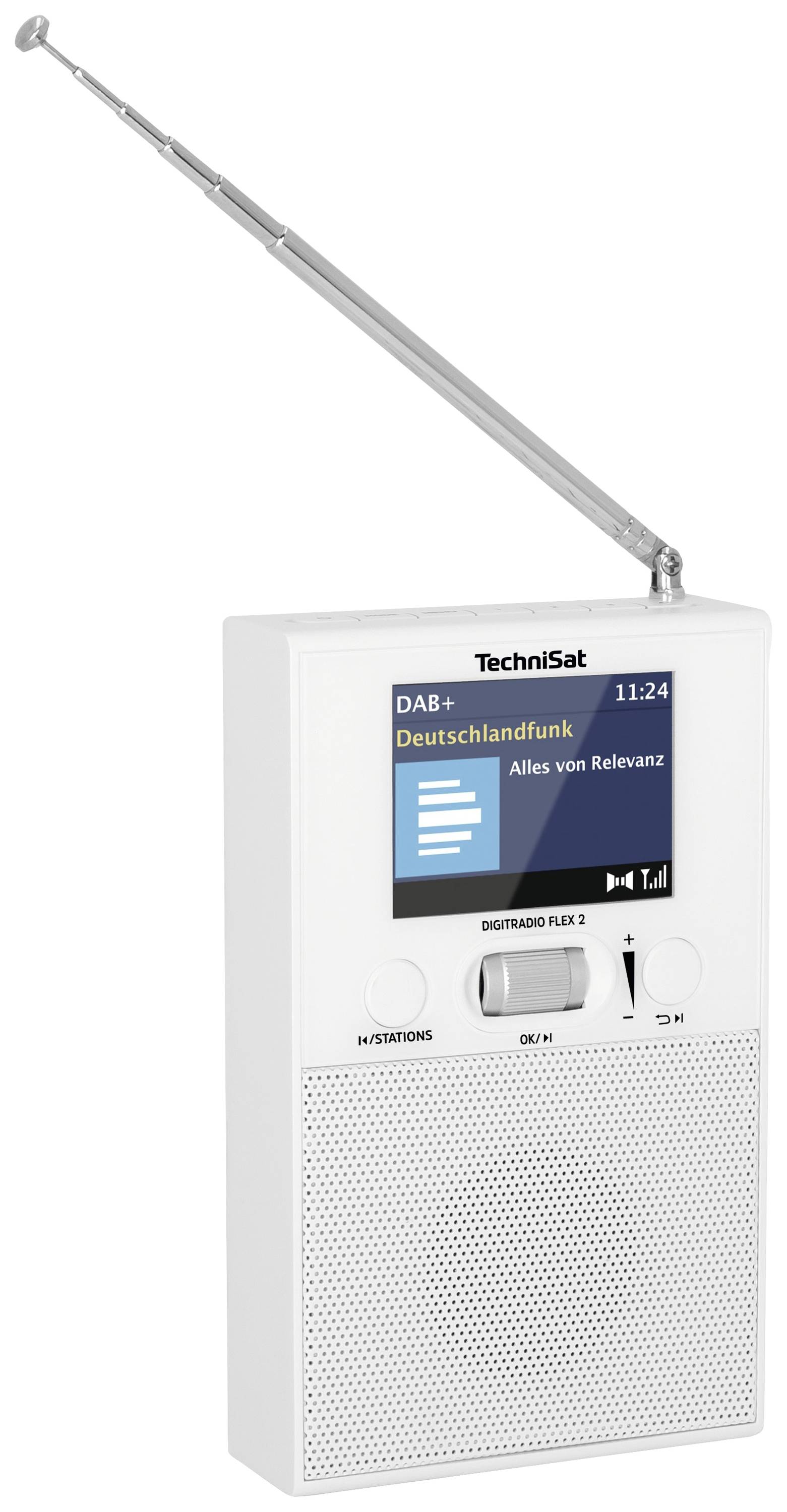 Ein tragbares DAB+-Radio in Weiß mit ausziehbarer Antenne, zeigt auf dem Display den Sender 'Deutschlandfunk' mit der Sendung 'Alles von Relevanz'.