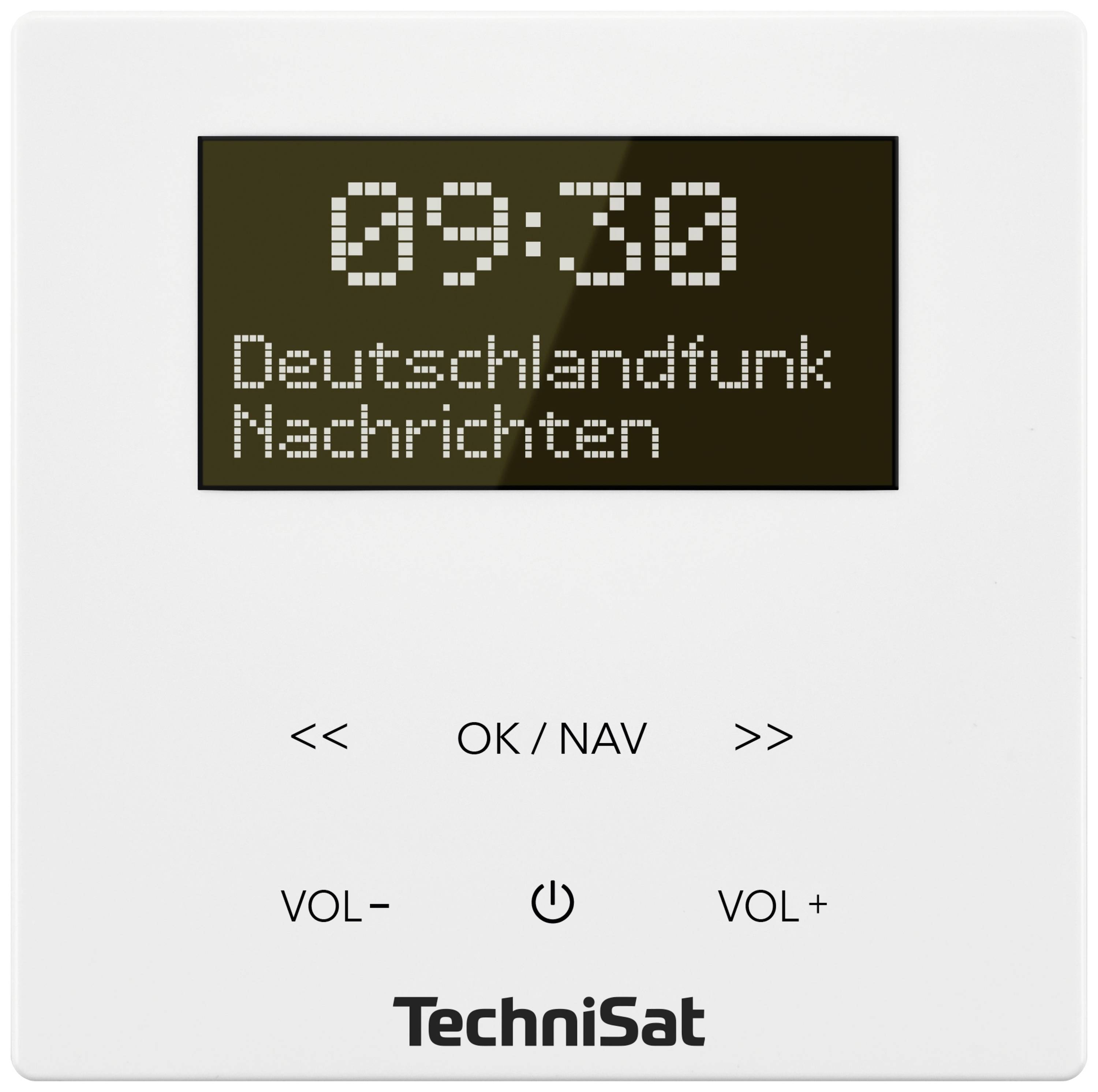 Digitales Radio-Display zeigt '09:30 Deutschlandfunk Nachrichten'. Steuerungsbuttons unten für Navigation und Lautstärke.