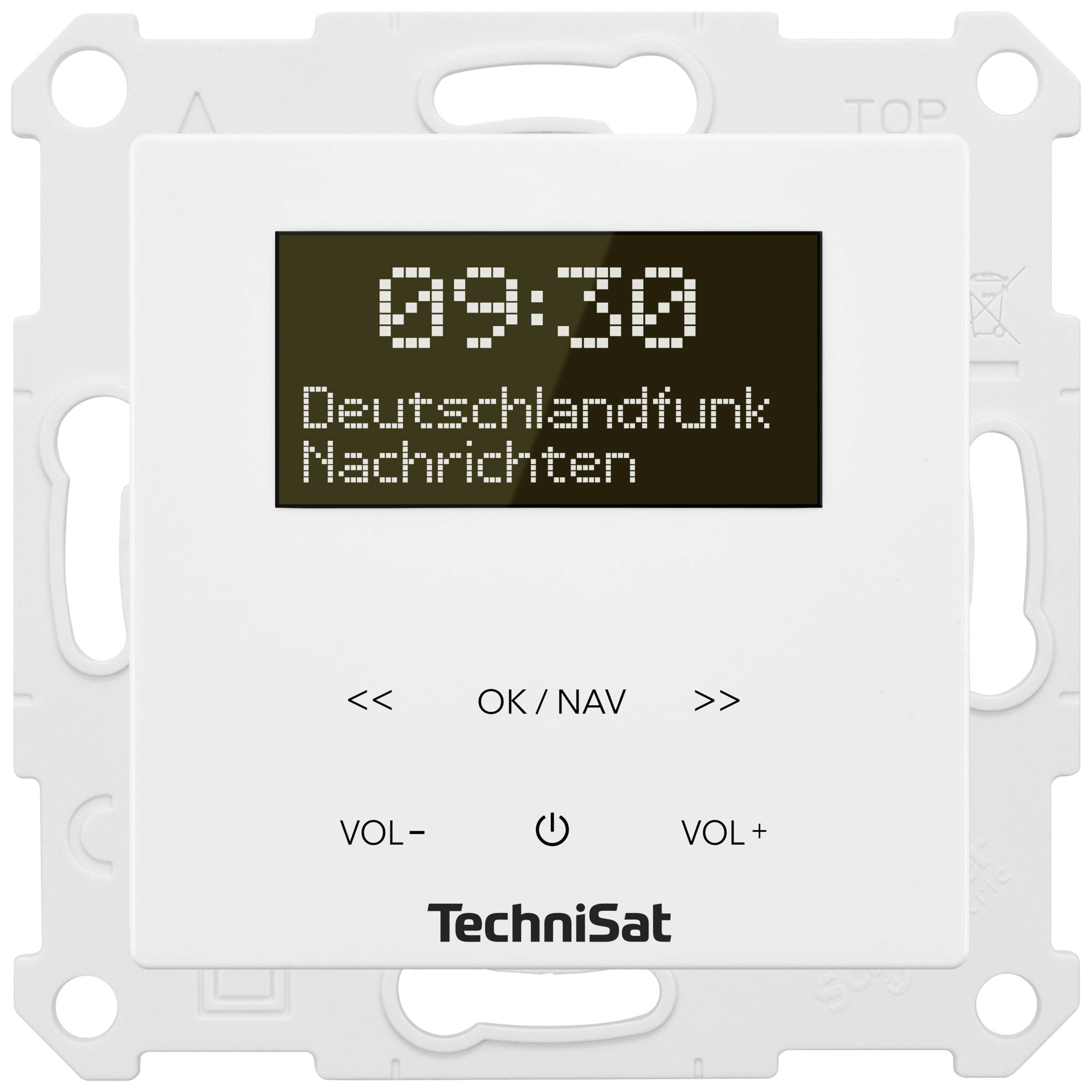 Ein digitaler Radiowandschalter mit Display zeigt '09:30 Deutschlandfunk Nachrichten'. Tasten für Navigation und Lautstärke sind sichtbar.