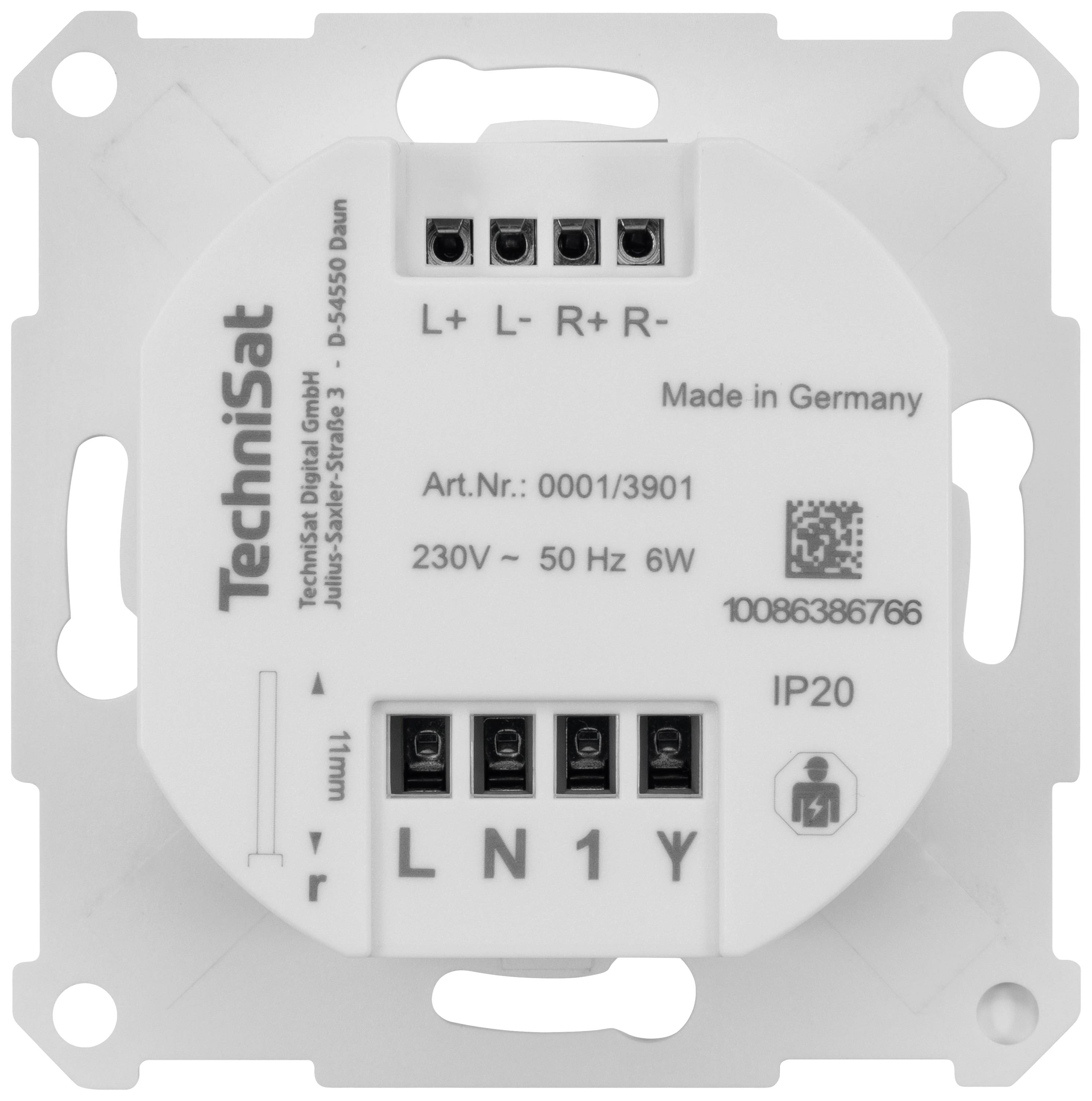 Weißer Lichtschalter mit Anschlüssen und technischen Spezifikationen von 'TechniSat'. Kennzeichnung 'Made in Germany'.
