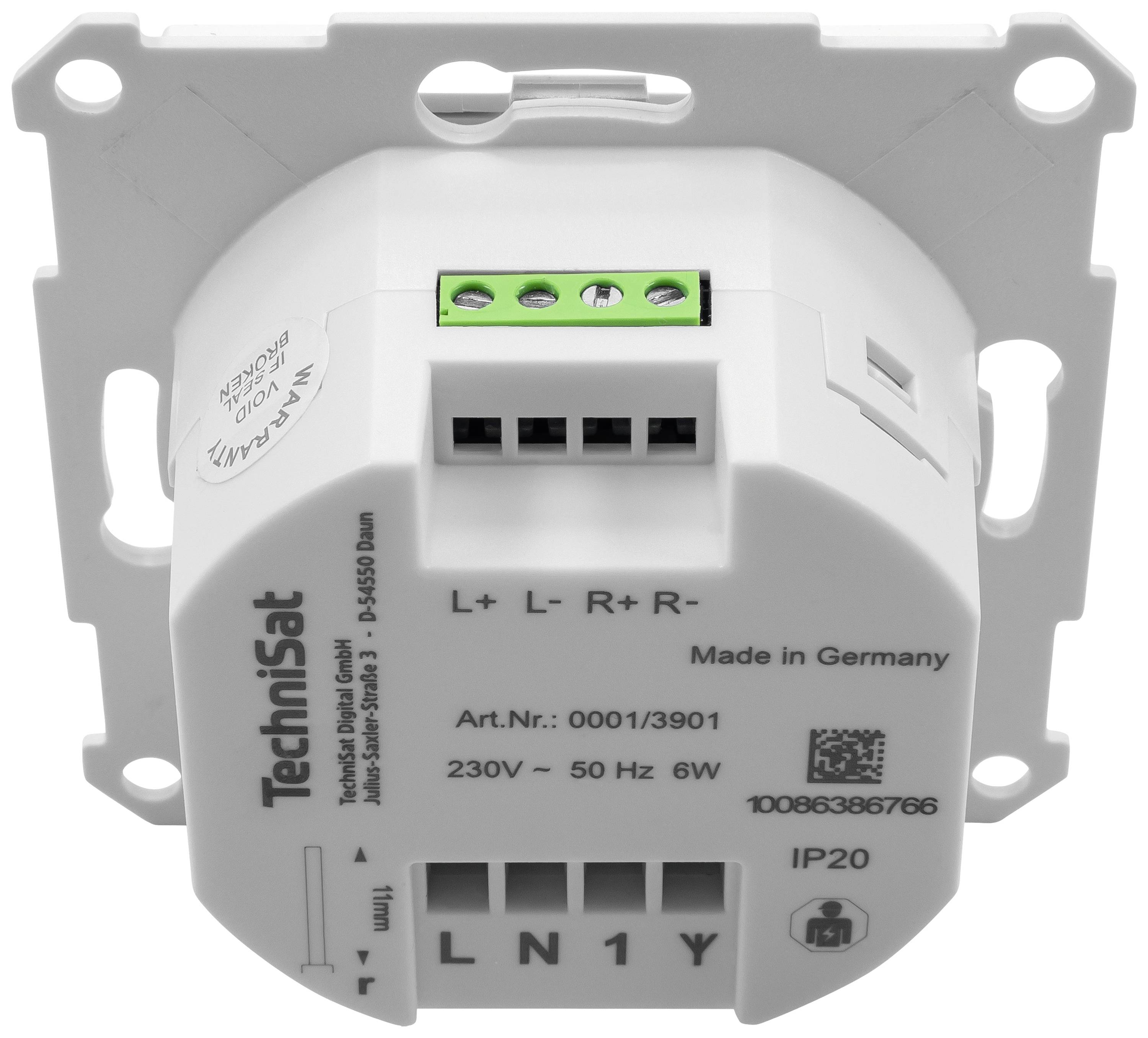 Lichtschaltermodul von TechniSat mit mehreren Anschlussklemmen, geeignet für 230V, 50Hz, 6W. Aufdrucke: 'Made in Germany', 'Art.Nr.: 0001/3901'.