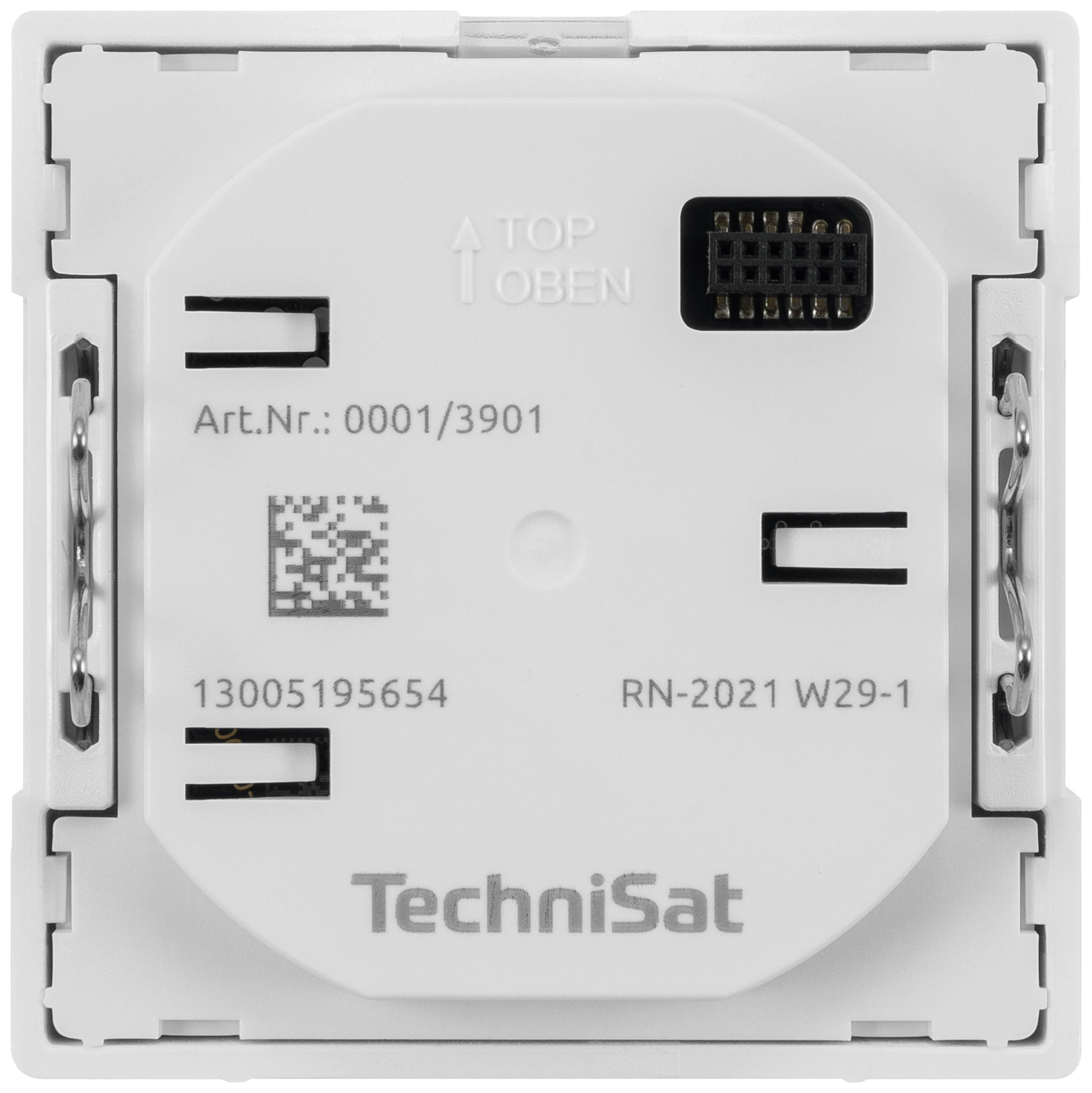 Ein quadratisches Gerät von TechniSat mit Anschlüssen und einem QR-Code. Beschriftungen zeigen 'TOP' und 'Art.Nr.: 0001/3901'.