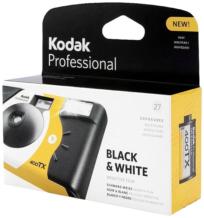 Eine Verpackung von 'Kodak Professional 400TX' Schwarz-Weiß-Negativfilm, 27 Belichtungen. Enthält Kameraabbildung und mehrsprachigen Text.