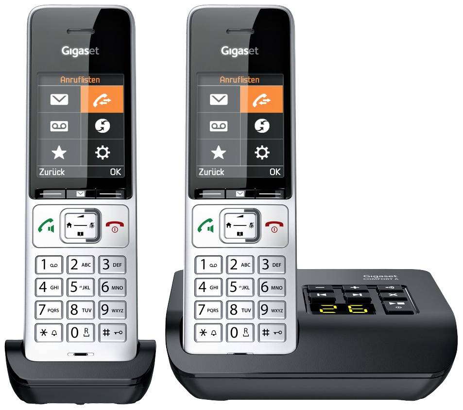 Zwei schnurlose Telefone mit großen weißen Tasten in einer Ladestation, jeweils mit beleuchtetem Display und Basisstation.