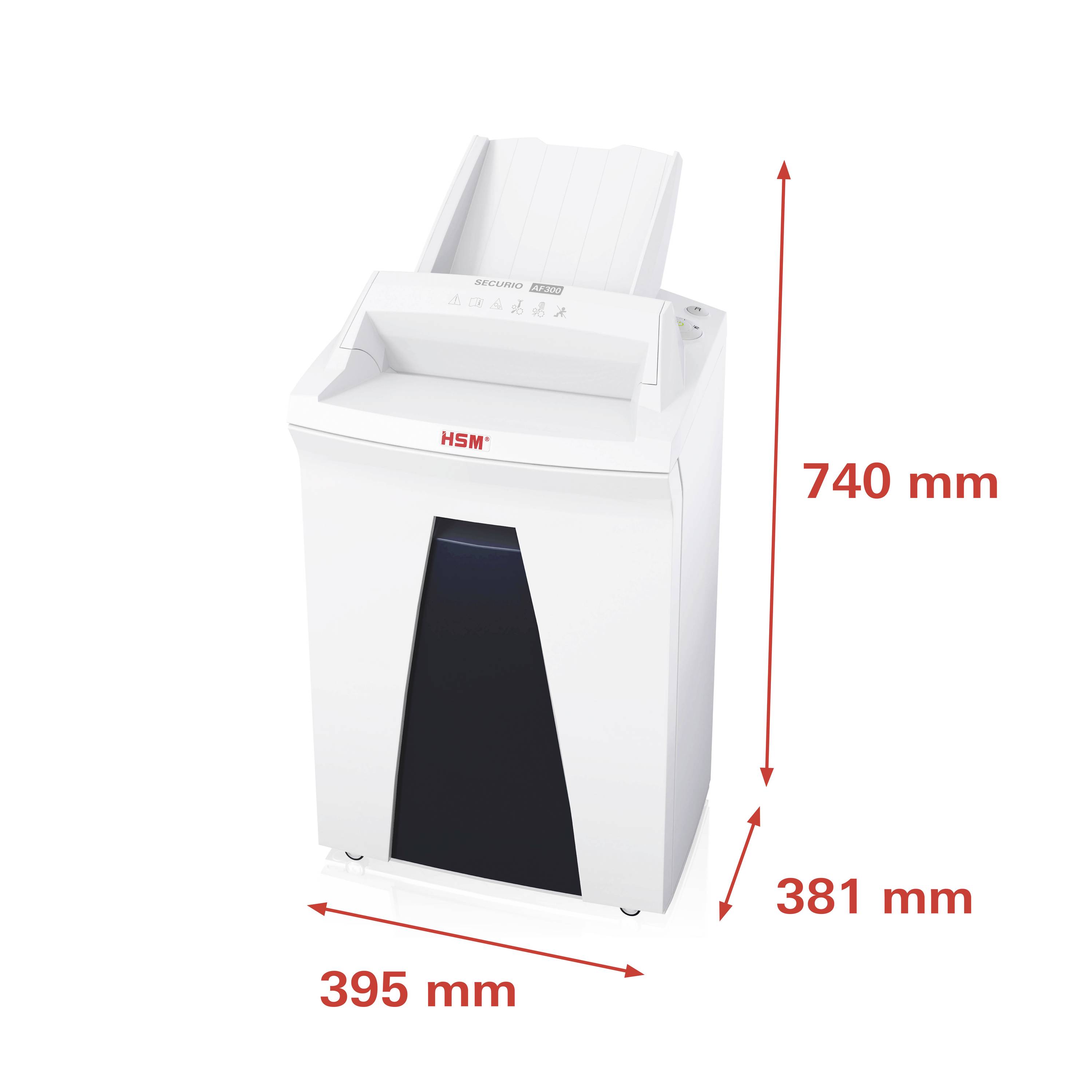 'Papiervernichter HSM' mit den Maßen 740 mm Höhe, 395 mm Breite und 381 mm Tiefe, ideal zum sicheren Vernichten von Papierdokumenten.