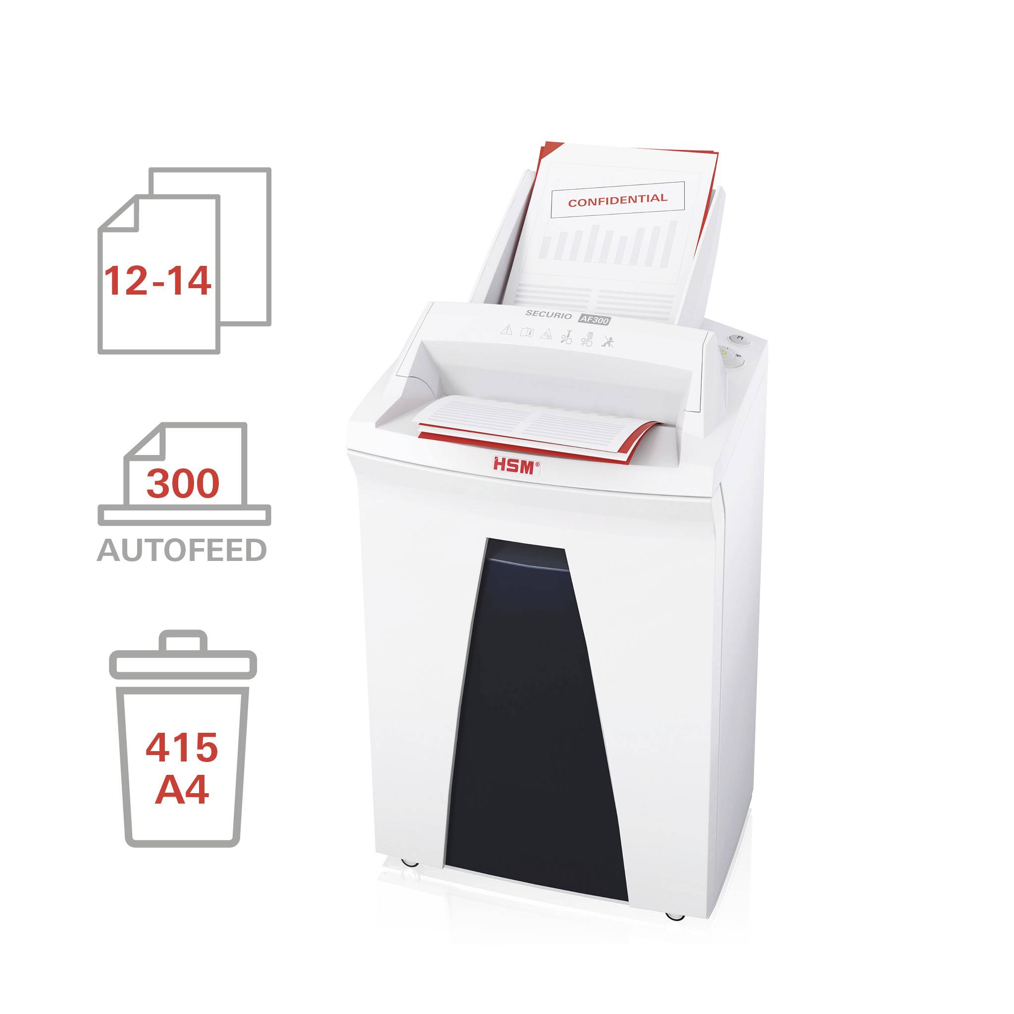 Automatischer Aktenvernichter mit Papiereinzug, geeignet für 12-14 Blatt. Behälter für bis zu 415 A4-Seiten. Geeignet für vertrauliche Dokumente.