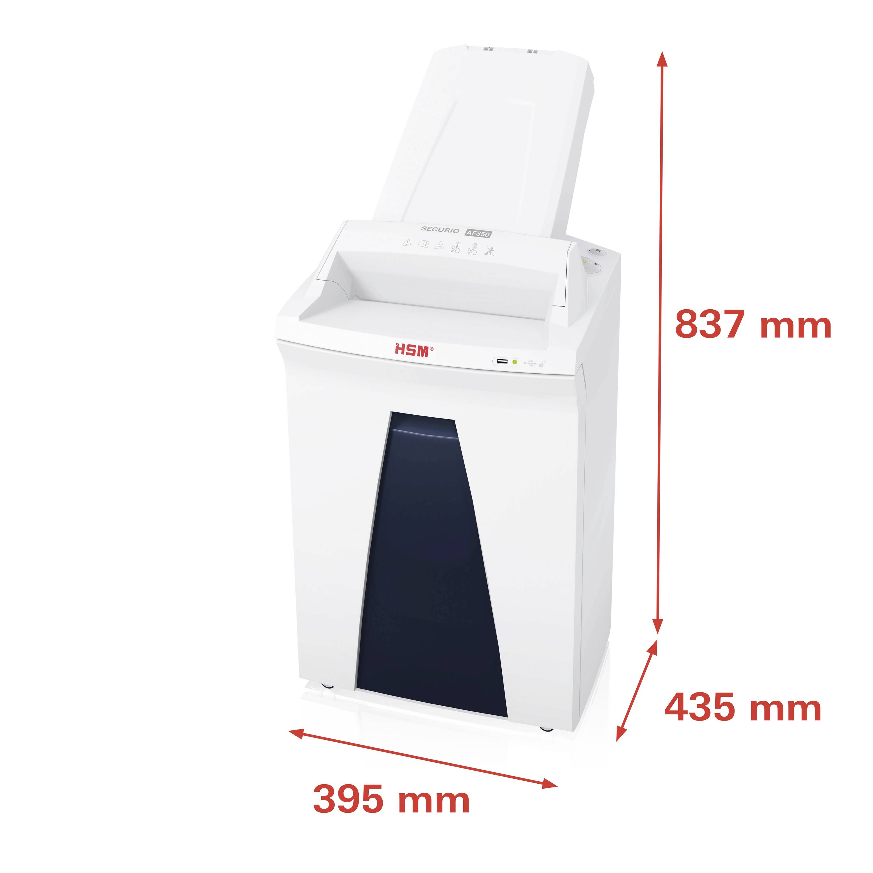 Ein weißer Aktenvernichter mit offenem Einfuhrschacht. Maße: Höhe 837 mm, Breite 395 mm, Tiefe 435 mm.