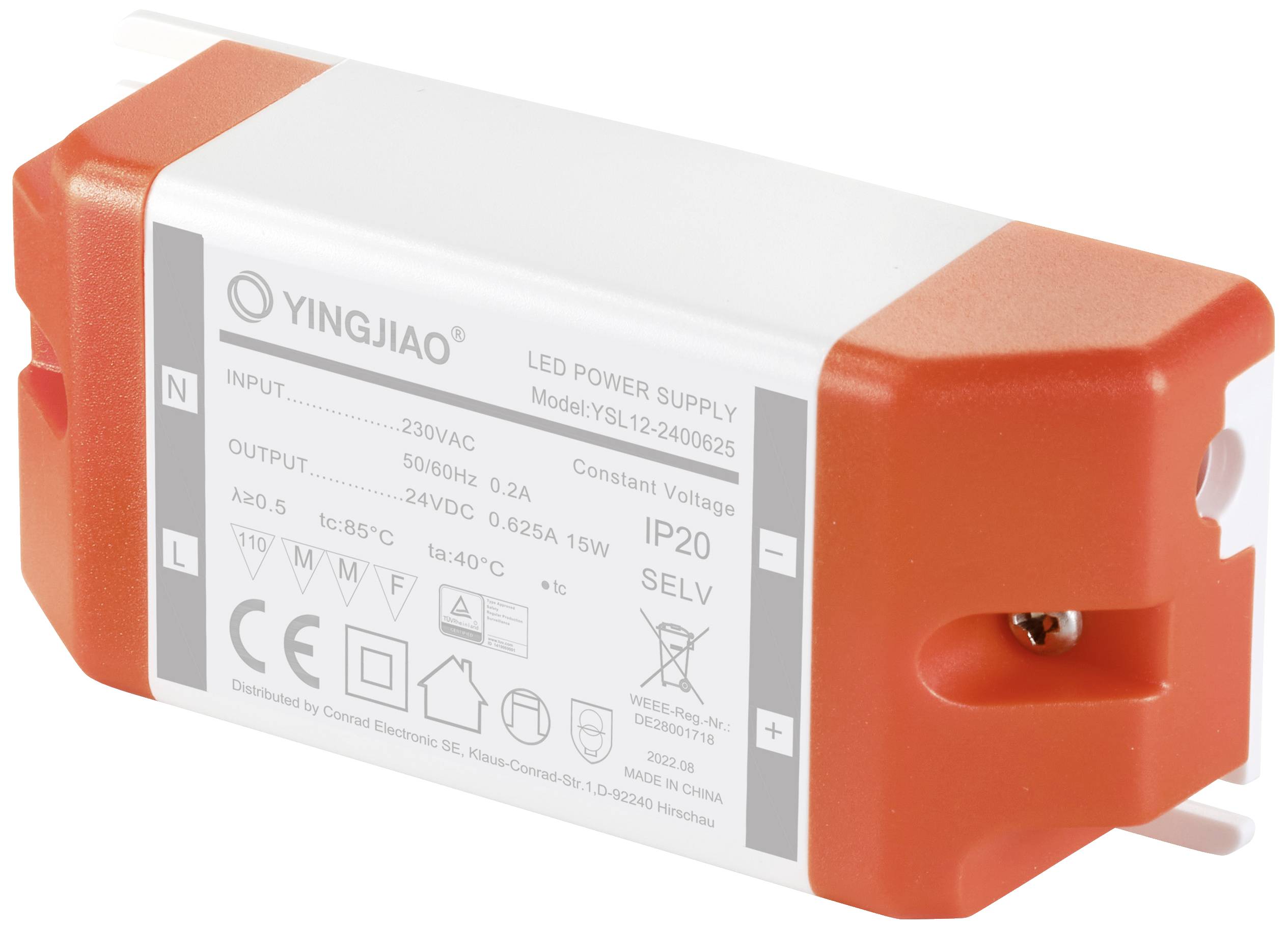 LED-Netzteil, Modell YSL12. Eingang: 230V AC, Ausgang: 24V DC, 0,625A, 15W. IP20, SELV. Rectanguläres Gehäuse, orange und weiß.