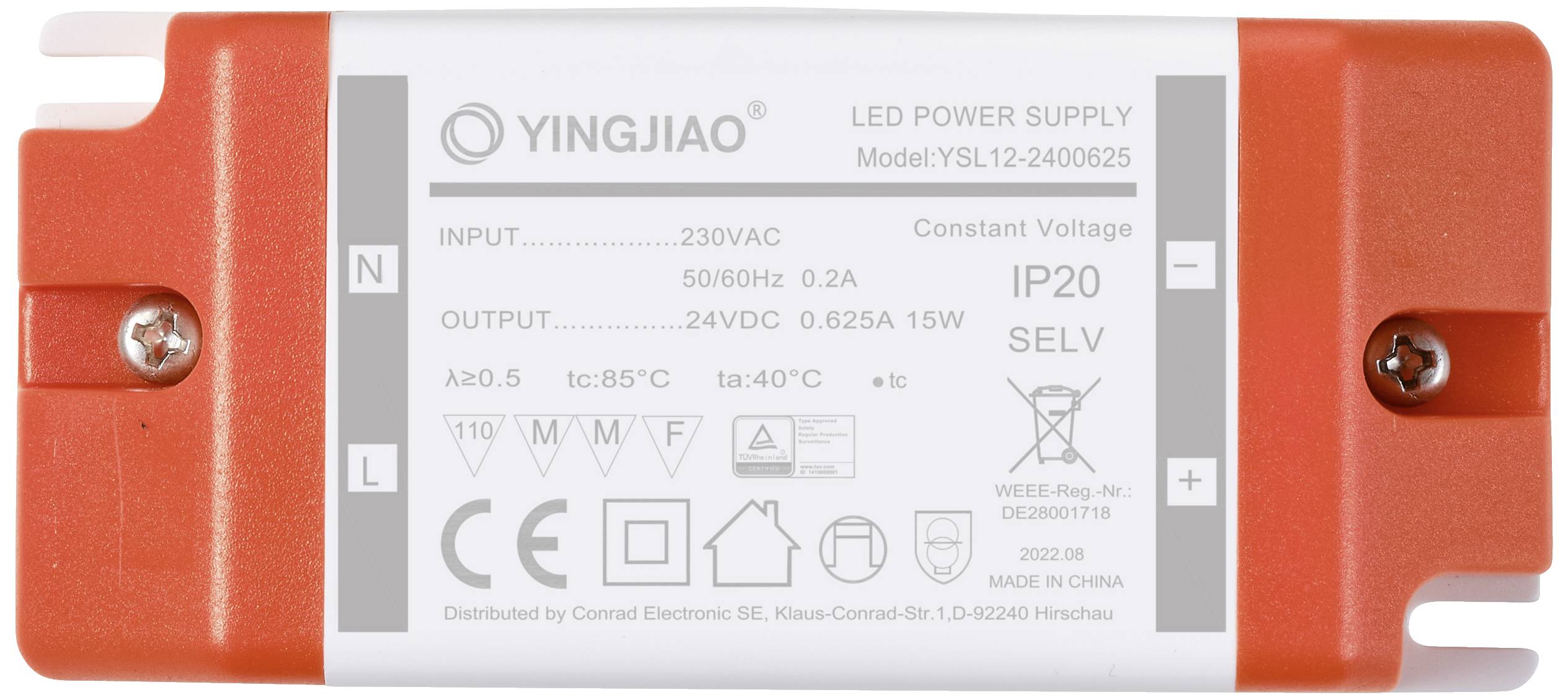 Netzteil, Marke Yingjiao, Modell YSL12-2400625, Eingang 230VAC, Ausgang 24VDC 0,625A, Schutzart IP20, mit Sicherheitskennzeichnungen.