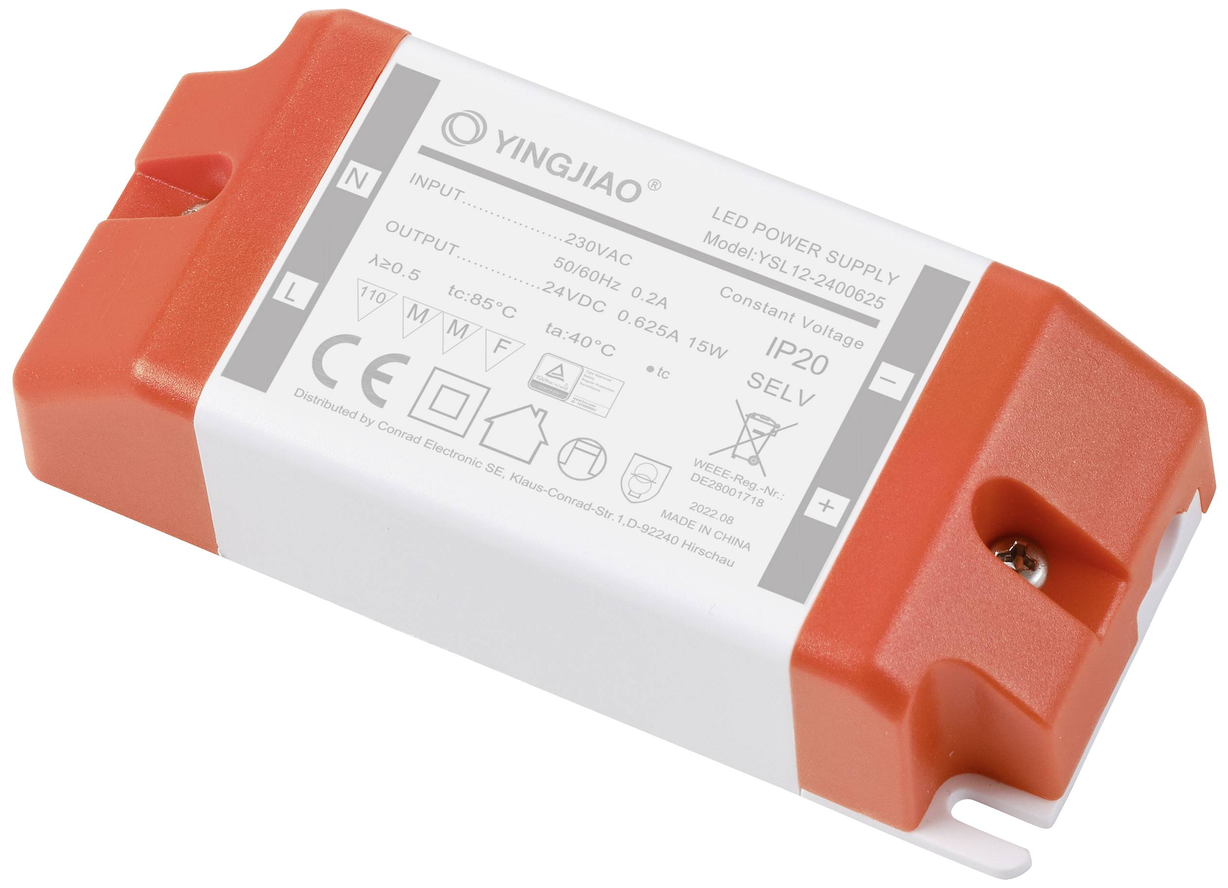 YINGJIAO LED-Trafo, Eingang: 220V-240VAC, Ausgang: 42VDC, 0.625A, Schutzart IP20, Modell: YSLV012025, Leistung: 25W.