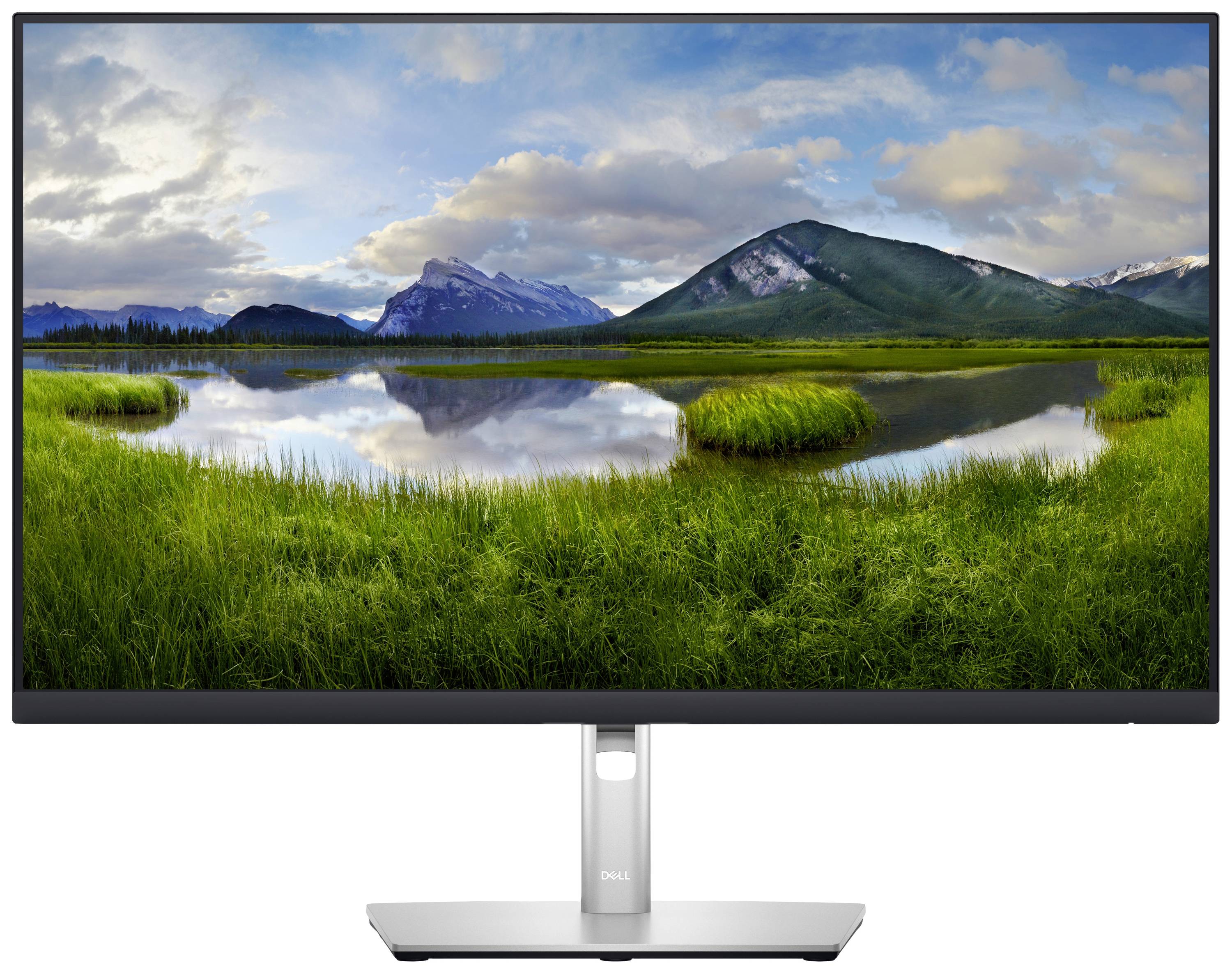 Einzelner Monitor mit einem Bild von einer Landschaft mit Bergen, einem See im Vordergrund und einem bewölkten Himmel im Hintergrund.