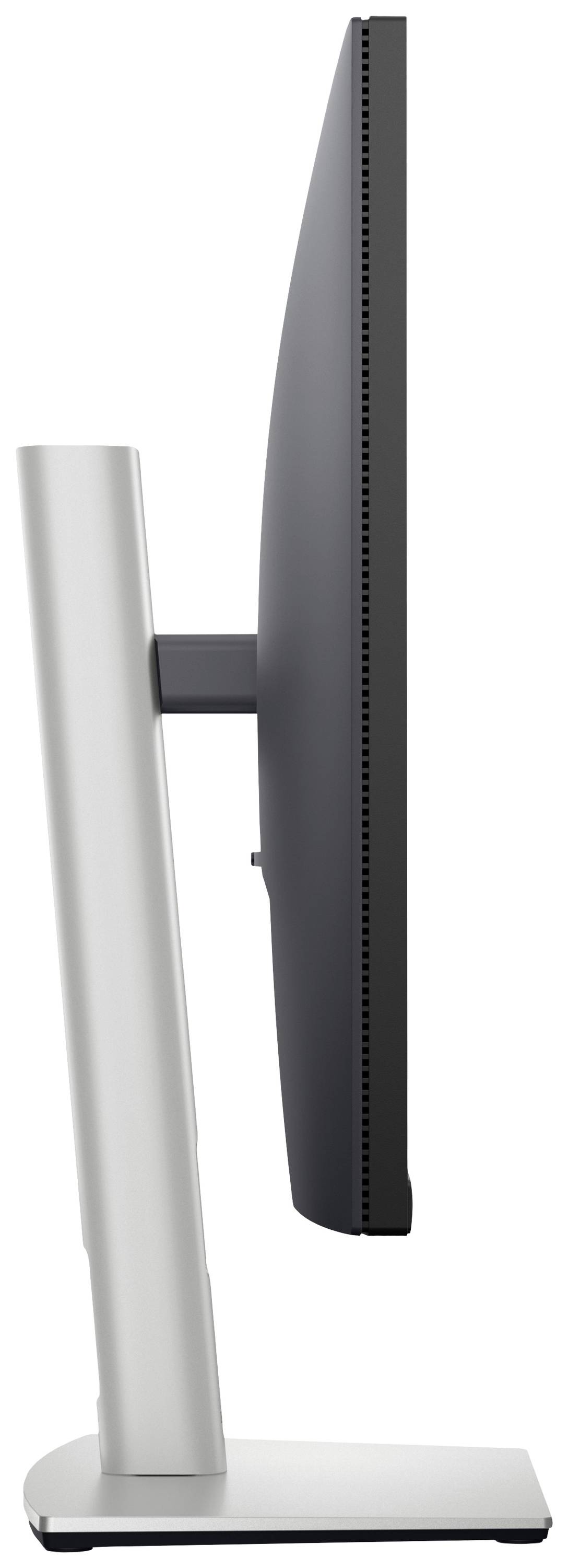 Seitliche Ansicht eines modernen Computerbildschirms mit schlankem, rechteckigem Design auf einem stabilen Standfuß.