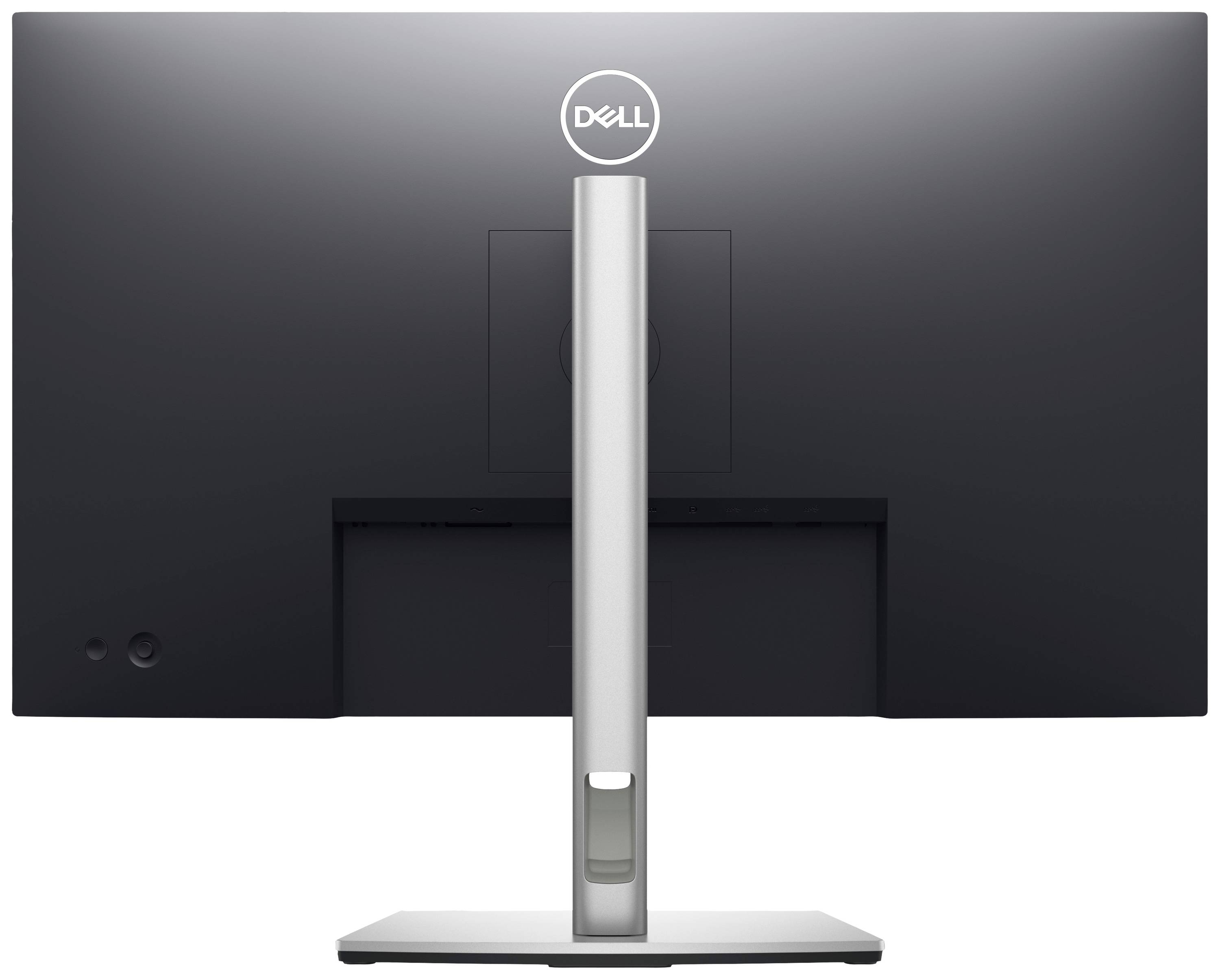Ein Monitor von hinten mit einem silbernen Standfuß und dem 'Dell'-Logo oben auf der Rückseite.