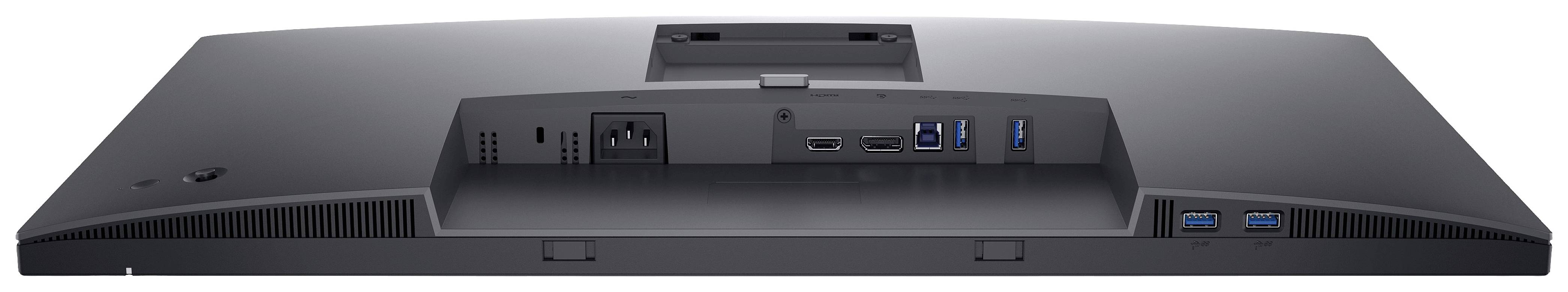 Rückansicht eines Computermonitors mit mehreren Anschlüssen: HDMI, DisplayPort, USB und Netzteilanschluss.