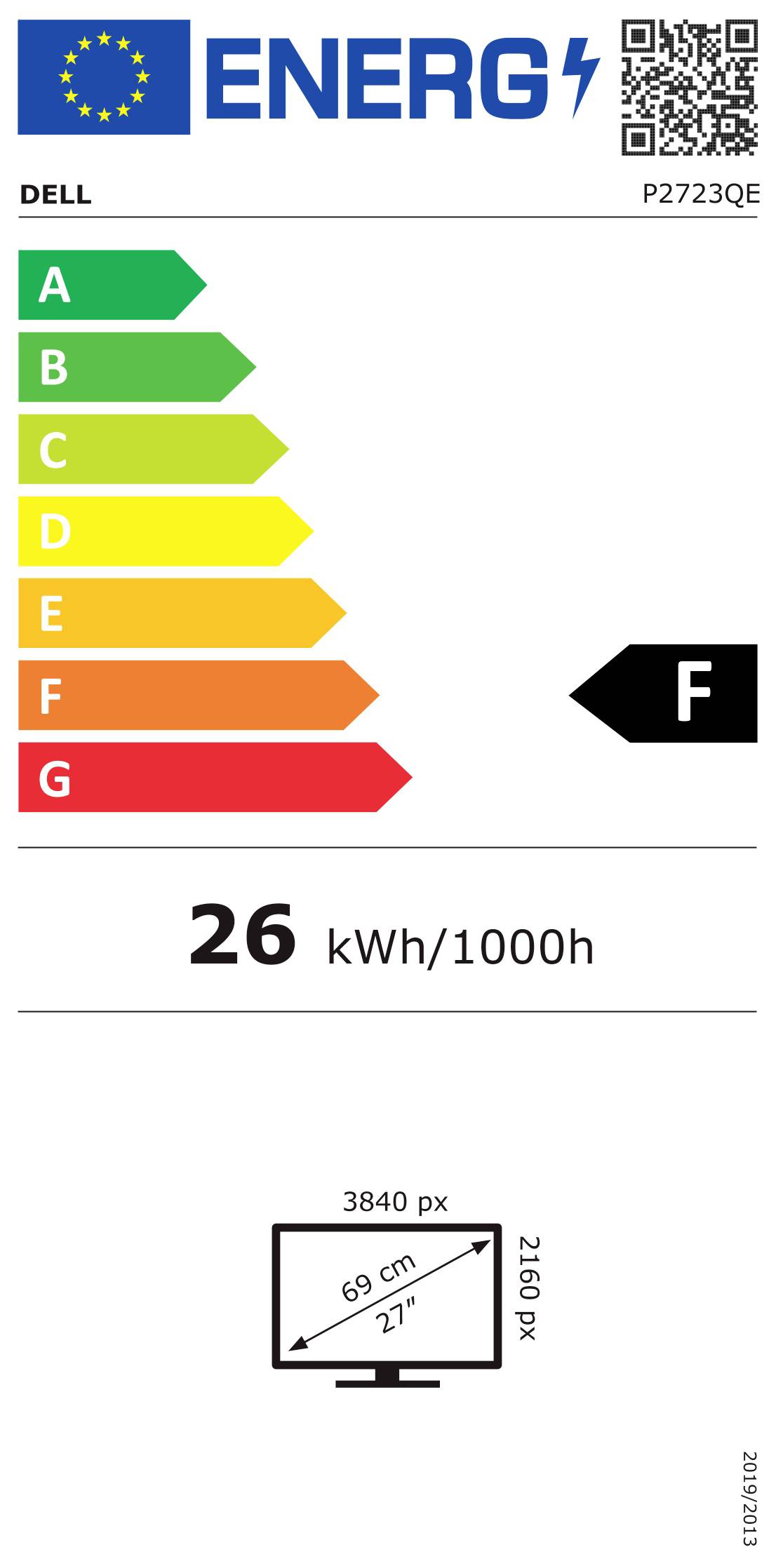'ENERG' EU-Label für einen Monitor. Energieeffizienzklasse F. Verbrauch: 26 kWh/1000h. Bildschirmgröße: 69 cm (27