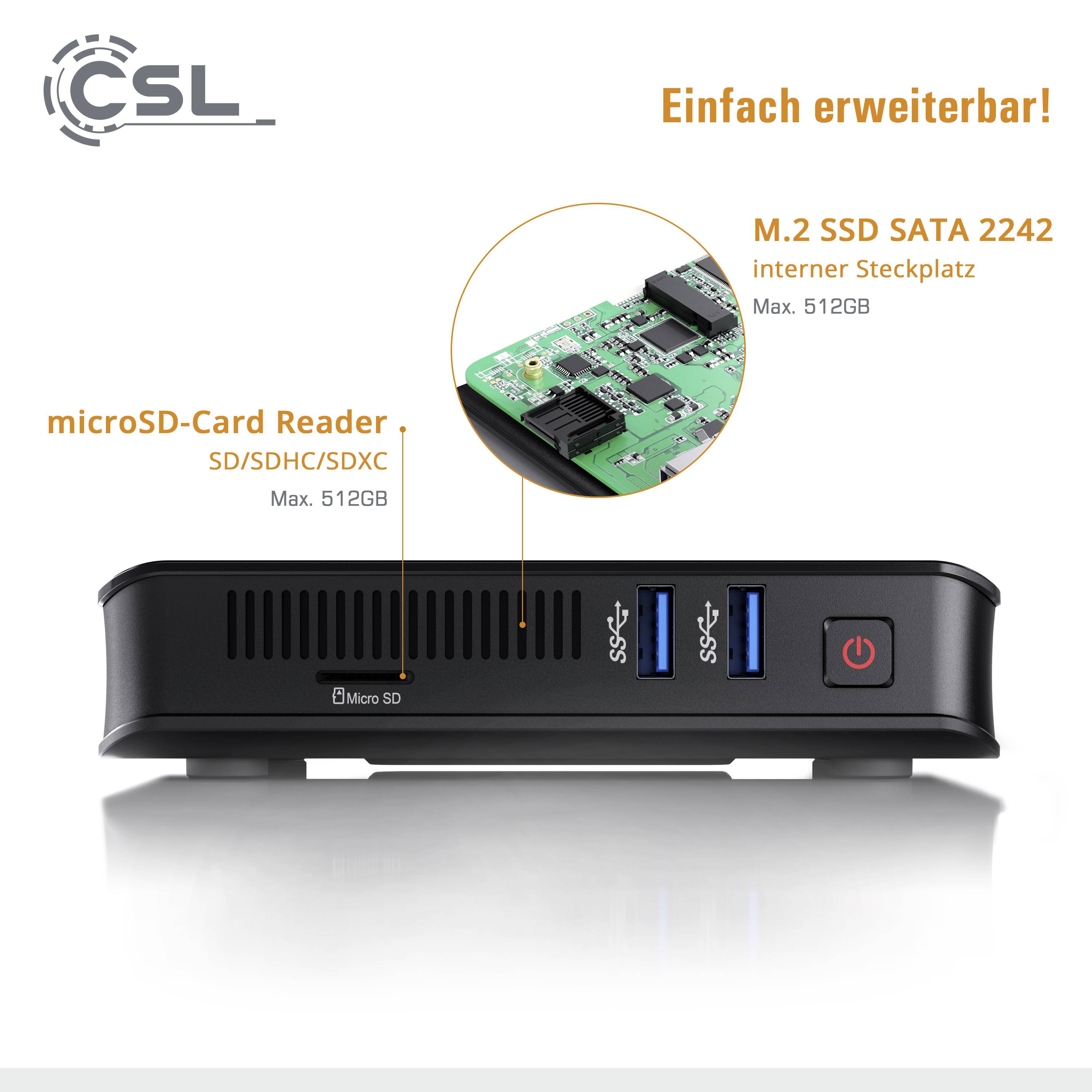 CSL Computer Mini PC Narrow Box Ultra HD Compact v4 Intel® Celeron® N4120 2.6 GHz 4 GB RAM 128 GB eMMC Intel HD Graphics 600 Win 11 Pro 8228