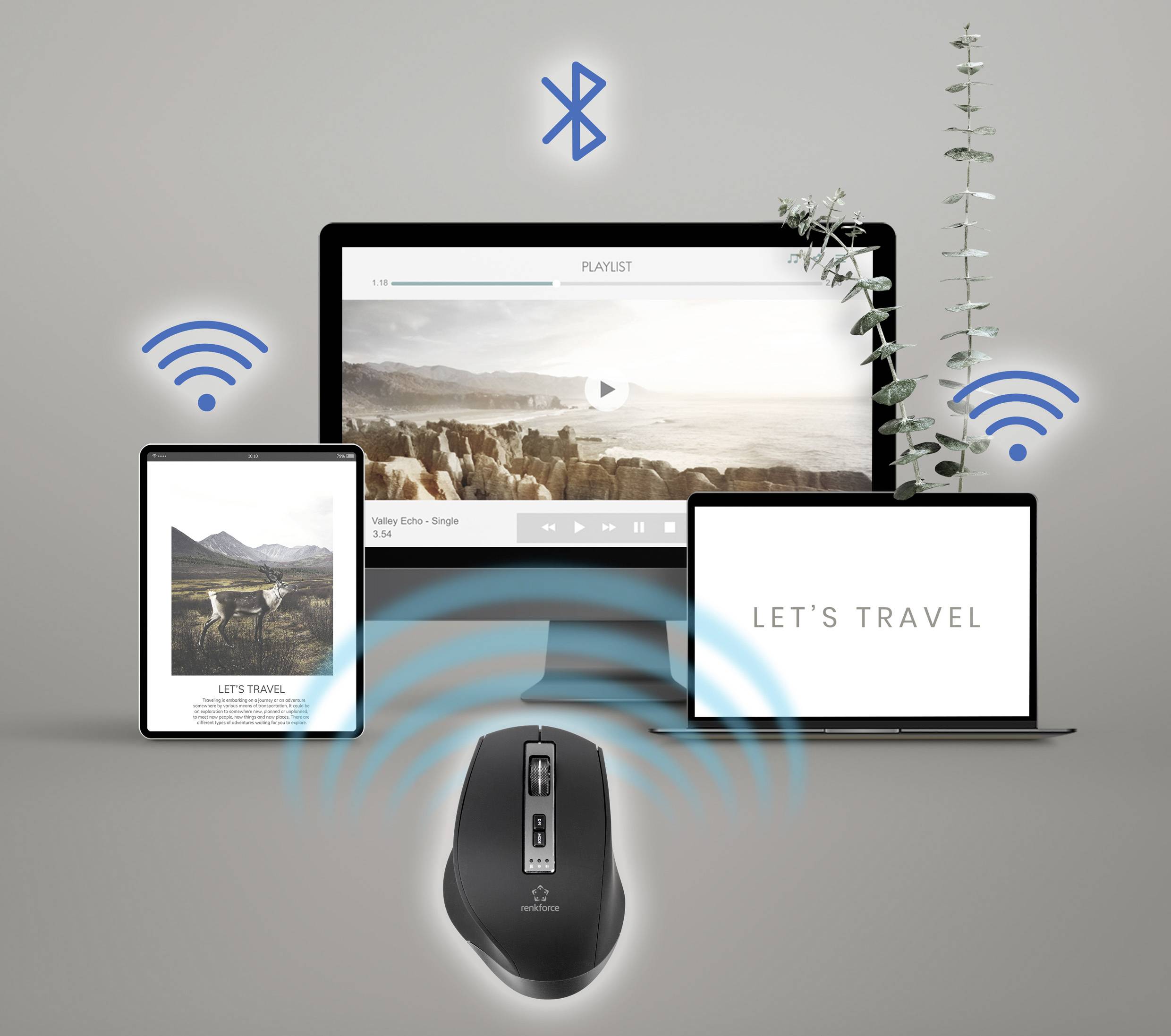 Computerbildschirm, Laptop und Tablet mit Wireless-Symbolen verbunden durch eine Funkmaus. Bildschirm zeigt Landschaftsfoto und Wiedergabeliste.
