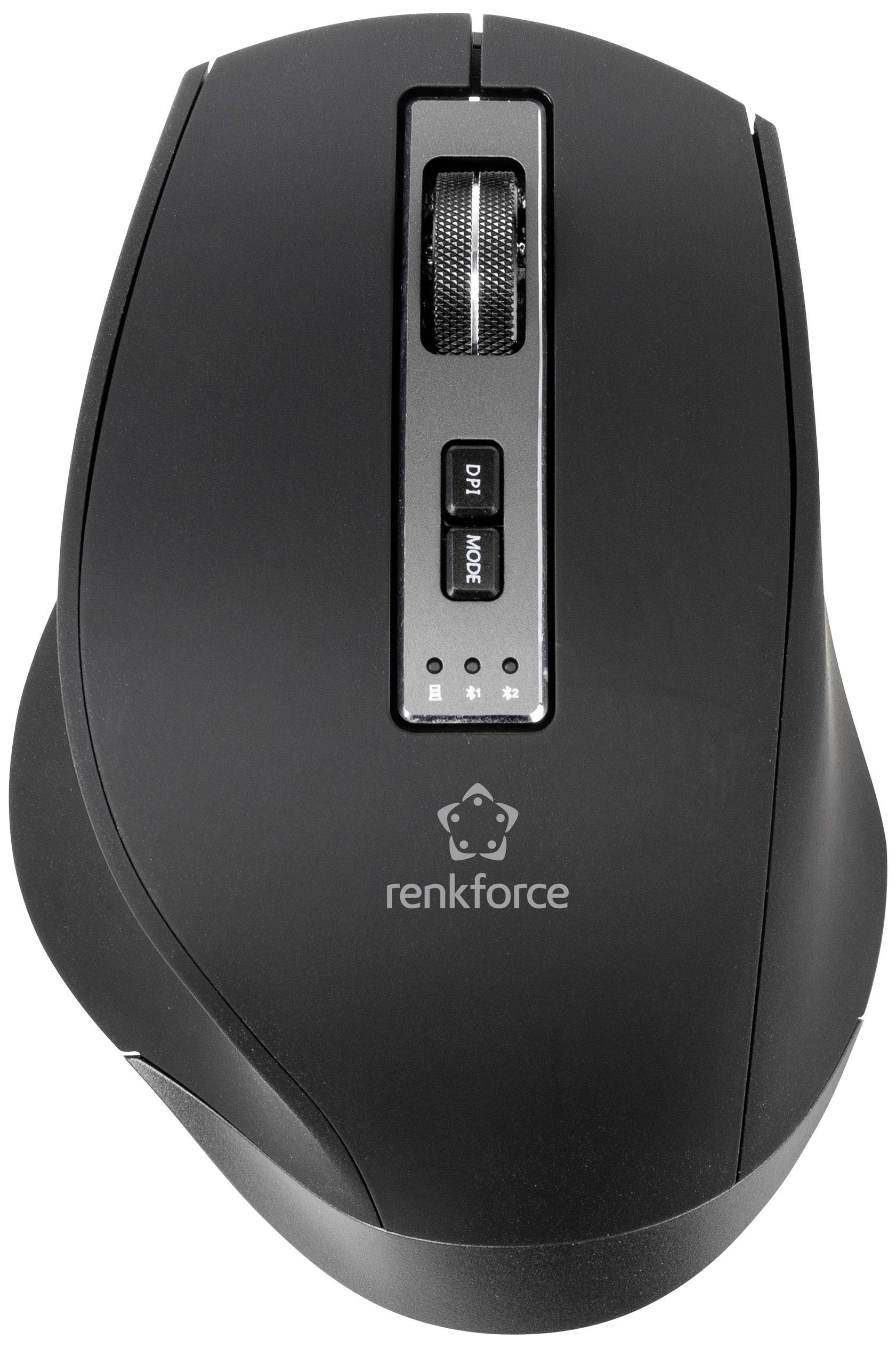 Eine schwarze kabellose Computermaus von oben, mit Scrollrad, DPI-Schalter und 'renkforce'-Logo.