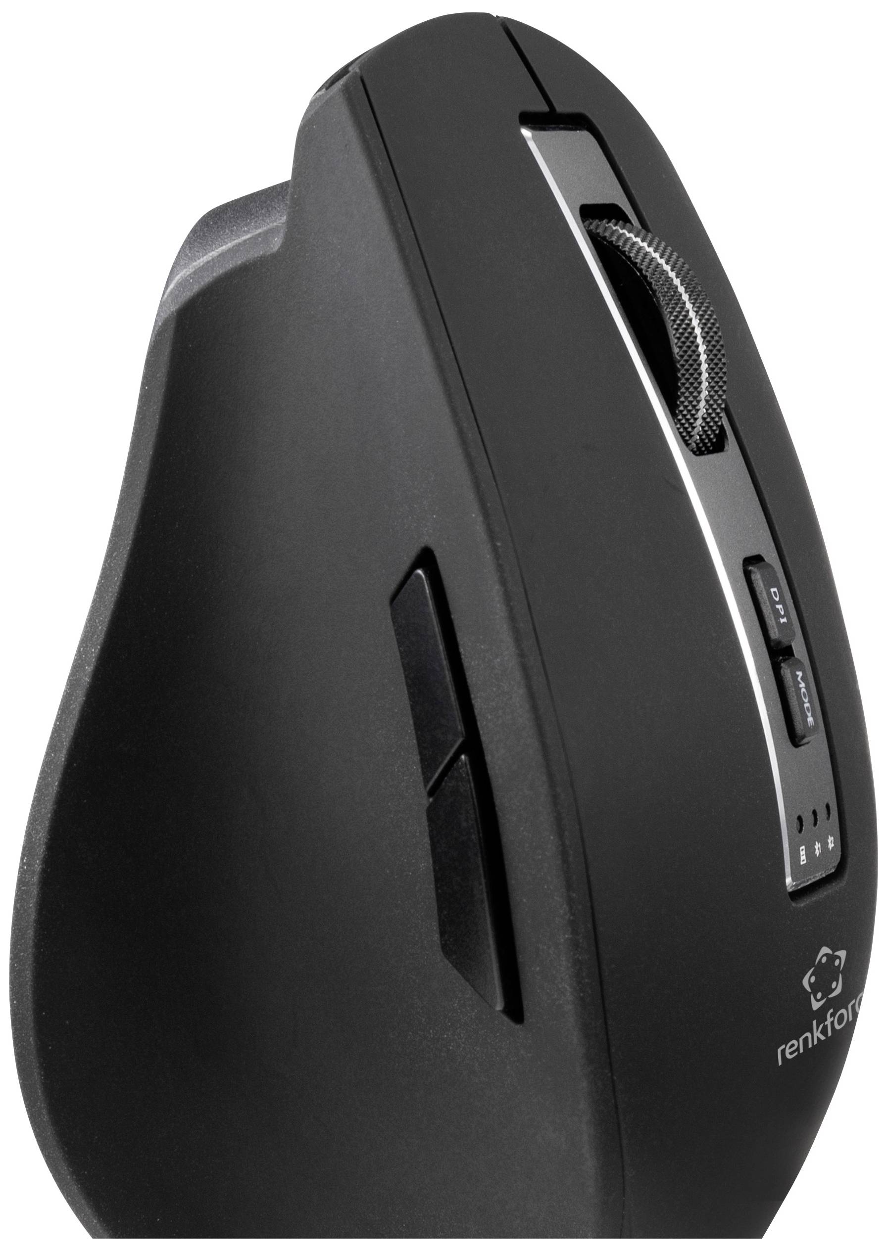 Vertikale, ergonomische Computermaus in Schwarz, optimiert für besseren Handkomfort, mit seitlichen Tasten und Scrollrad.