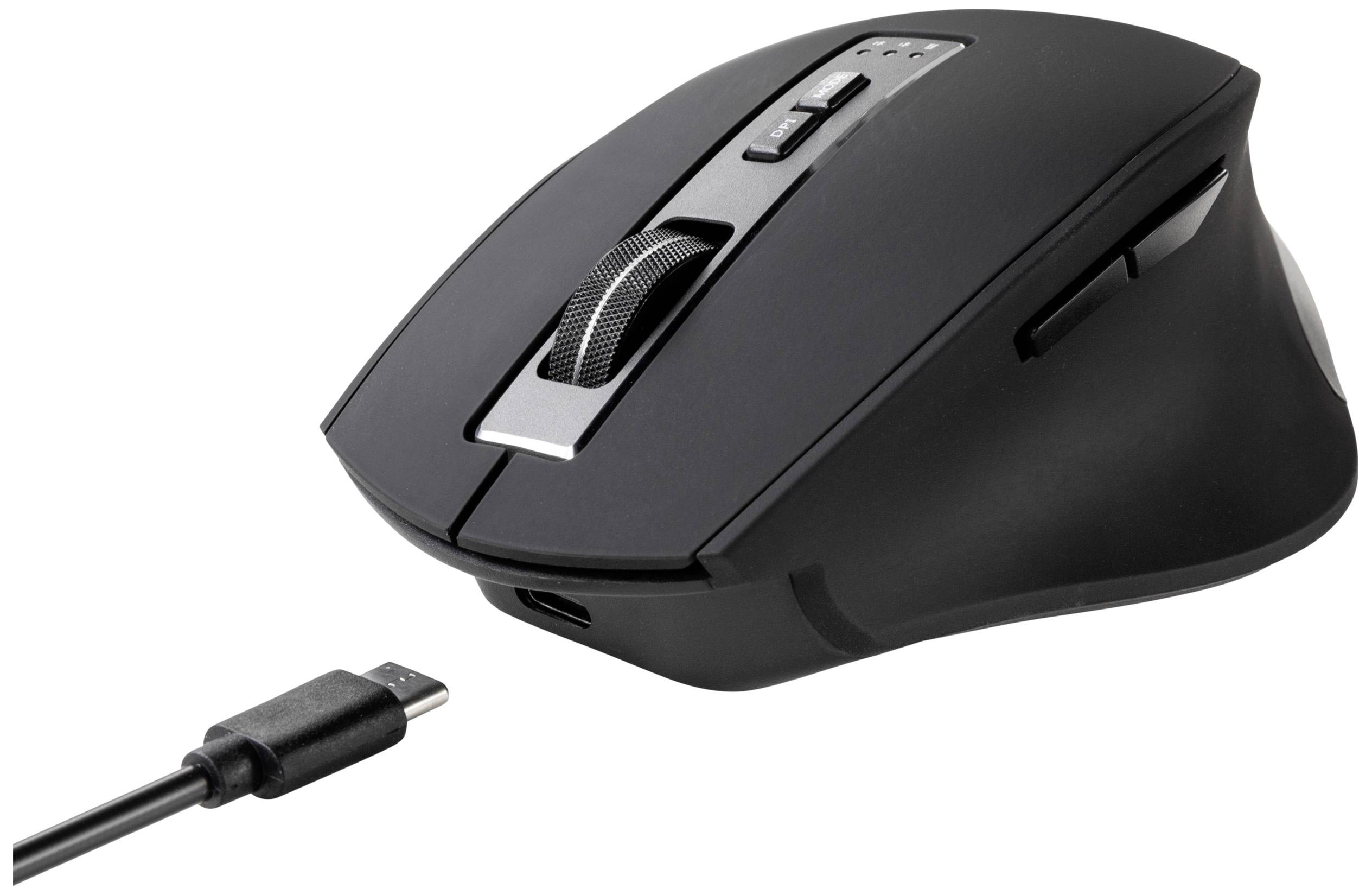 Schwarze kabellose Computermaus mit ergonomischem Design und Scrollrad, daneben ein USB-Kabel für das Laden.