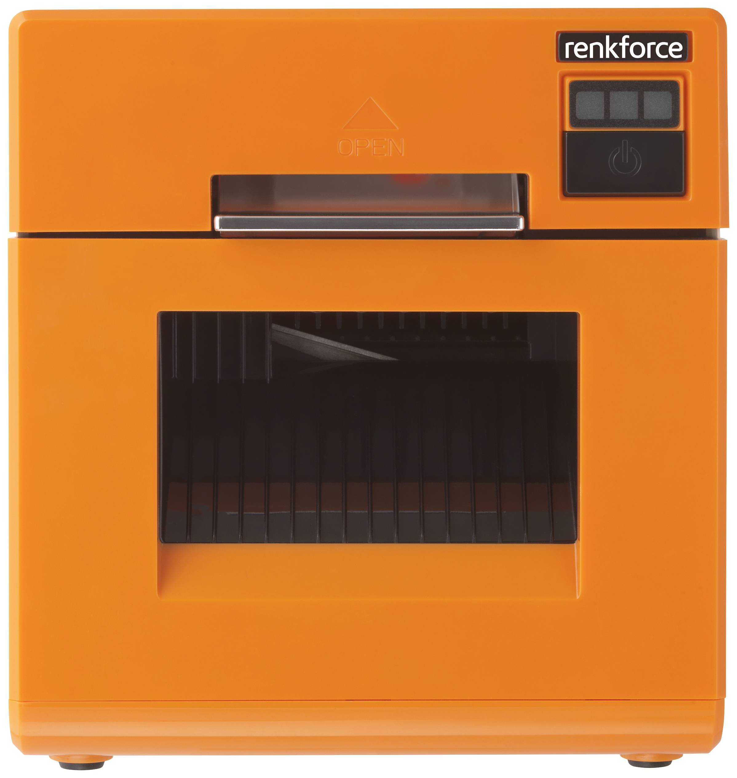 Ein orangefarbener 3D-Drucker mit einem kleinen Bildschirm oben rechts, Fenstertür in der Mitte zeigt das Innere des Druckraums.