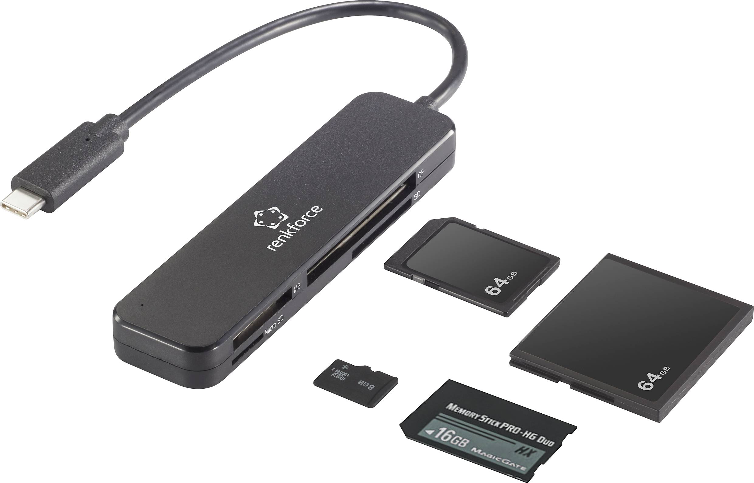 Ein USB-C-Kartenleser mit Logo und 64-GB-Speicherkarte, Micro-SD-Karte und 16-GB-SD-Karte, die nebeneinander liegen.