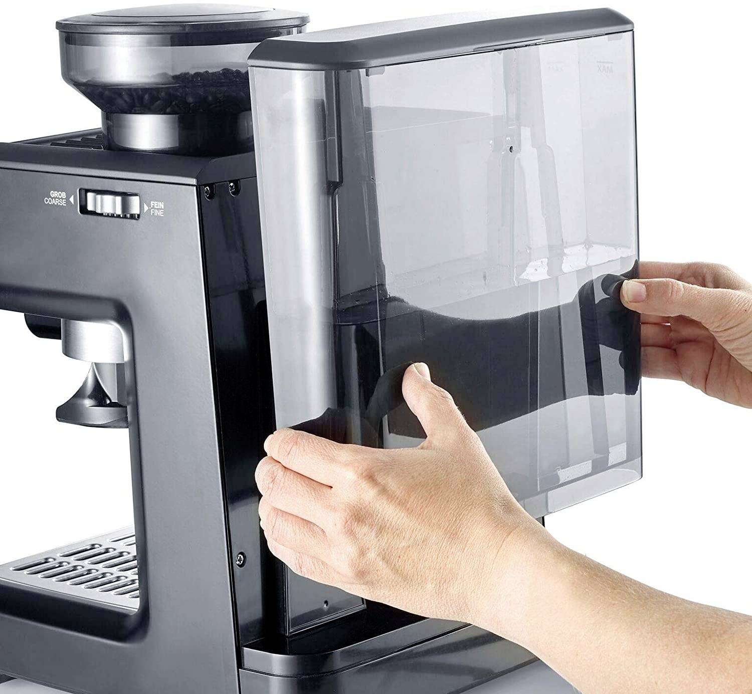 Graef ESM 802 Espressomaschine mit Siebträger Schwarz, Edelstahl 1600 W mit Heißwasserauslass, mit Mahlwerk