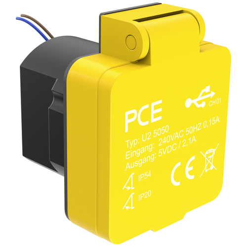 PCE U25050 Aufputz-Steckdose mit USB-Ladeausgang IP54 Gelb